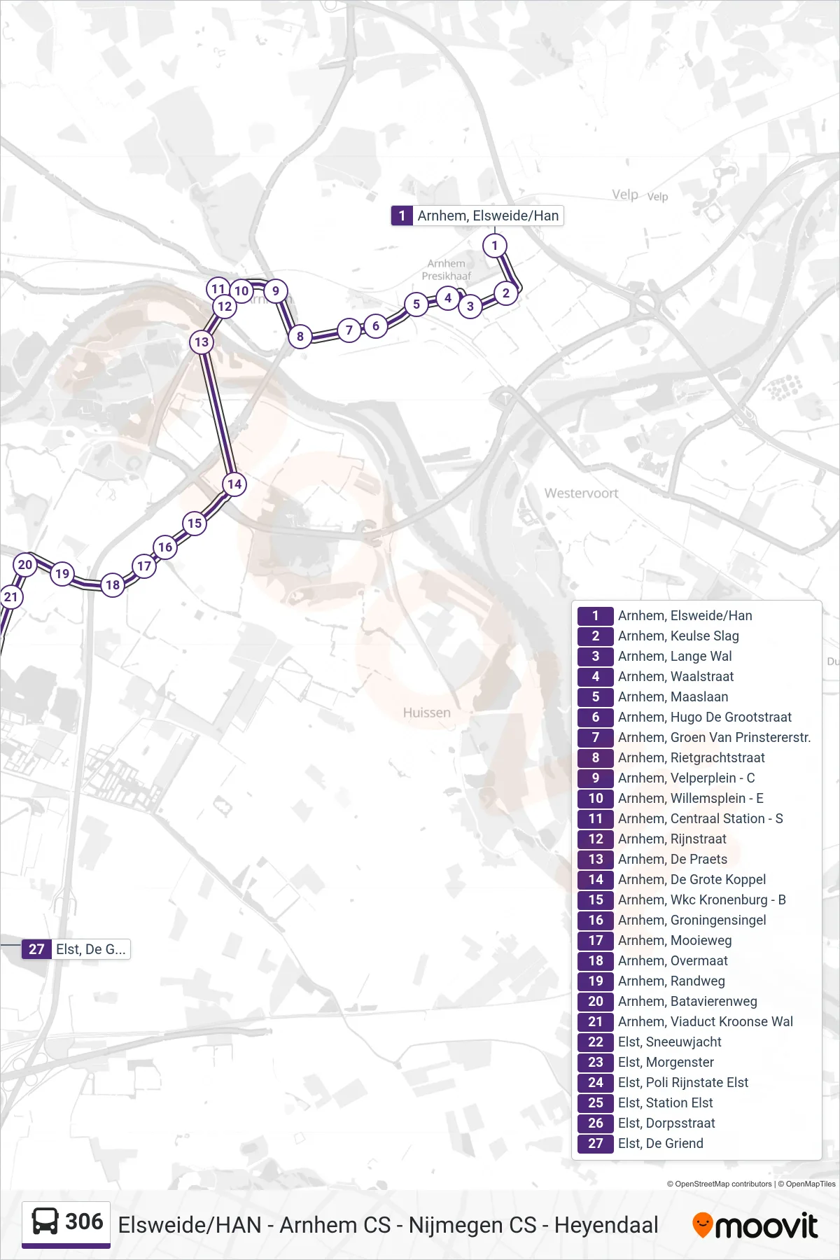 Lijn 306 (bus, Elst De Griend): route en haltes op de kaart