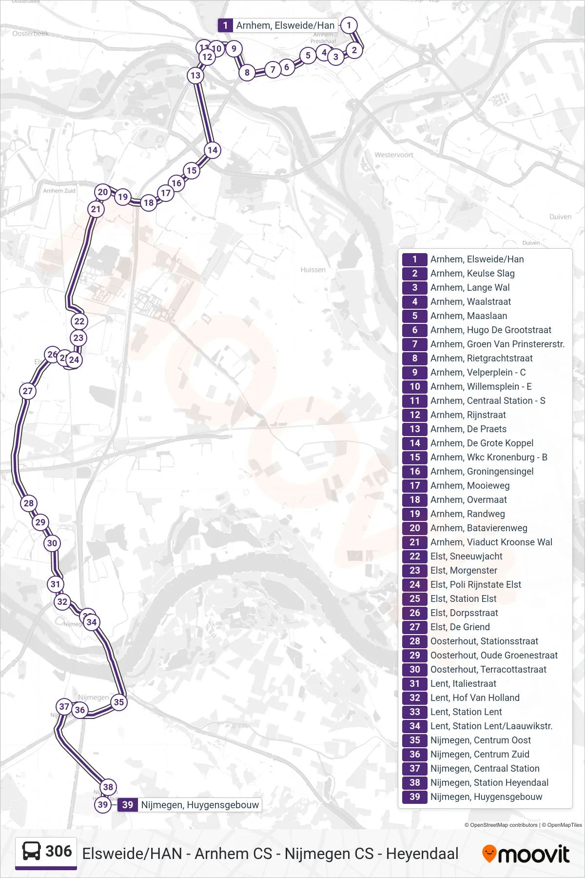 306 bus Line (Nijmegen Heyendaal) route and stops on a map