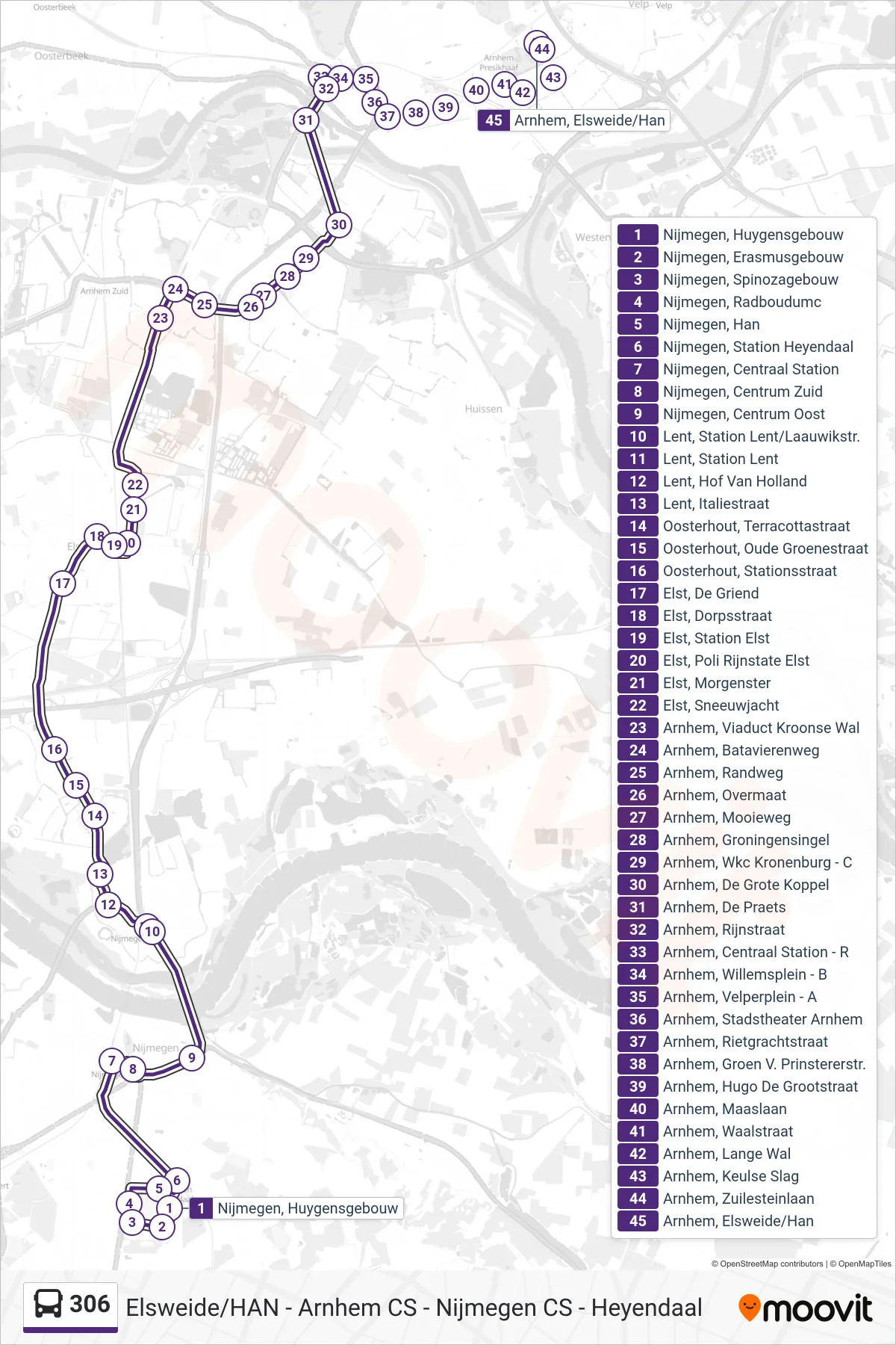 306 bus Line (Arnhem Cs) route and stops on a map