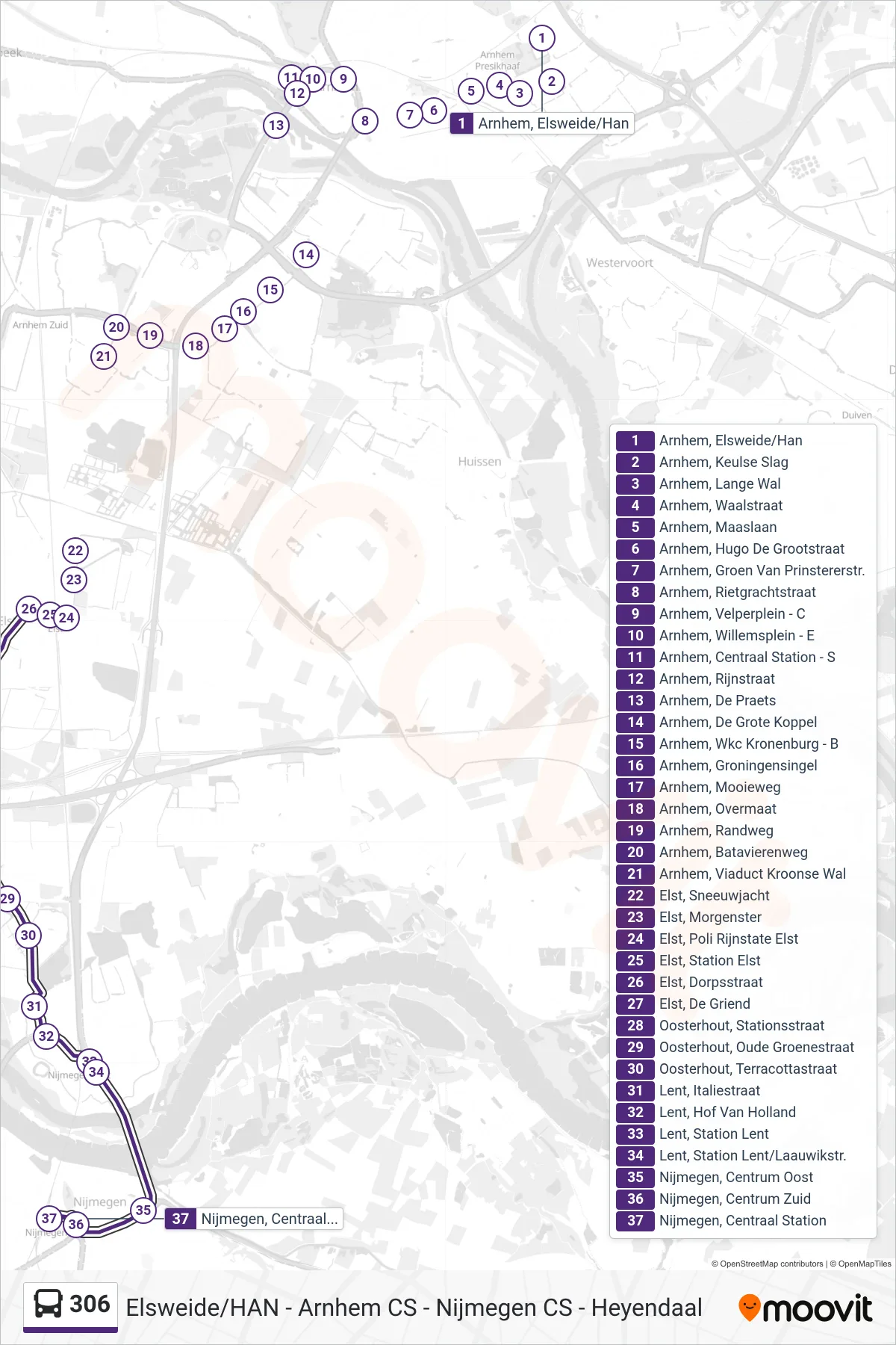 306 bus Line (Nijmegen Cs) route and stops on a map
