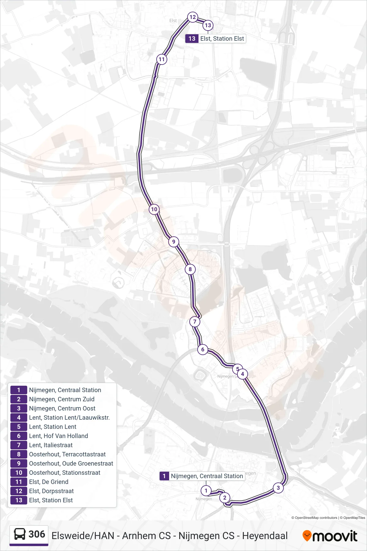 306 bus Line (Elst Station) route and stops on a map