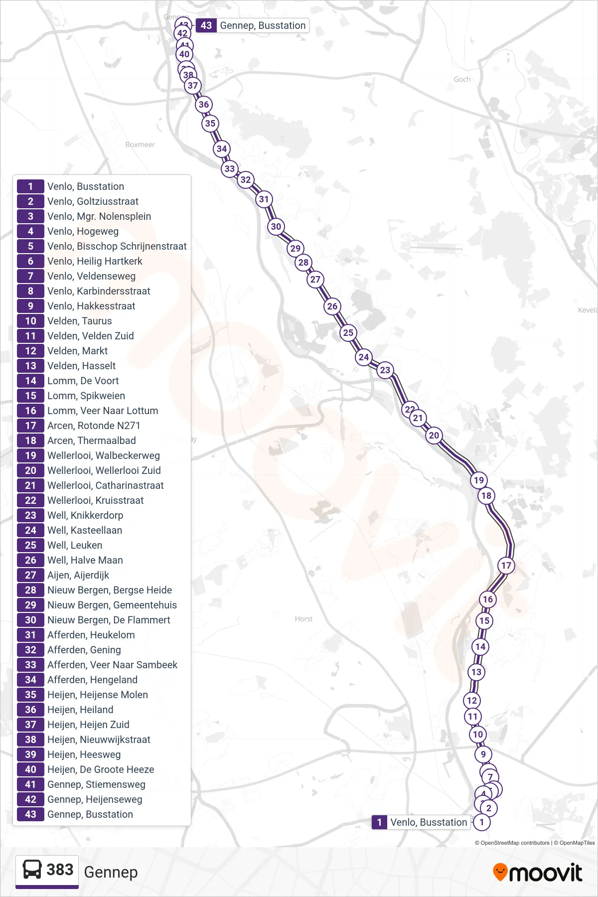 Lijn 383 (bus, Gennep): route en haltes op de kaart