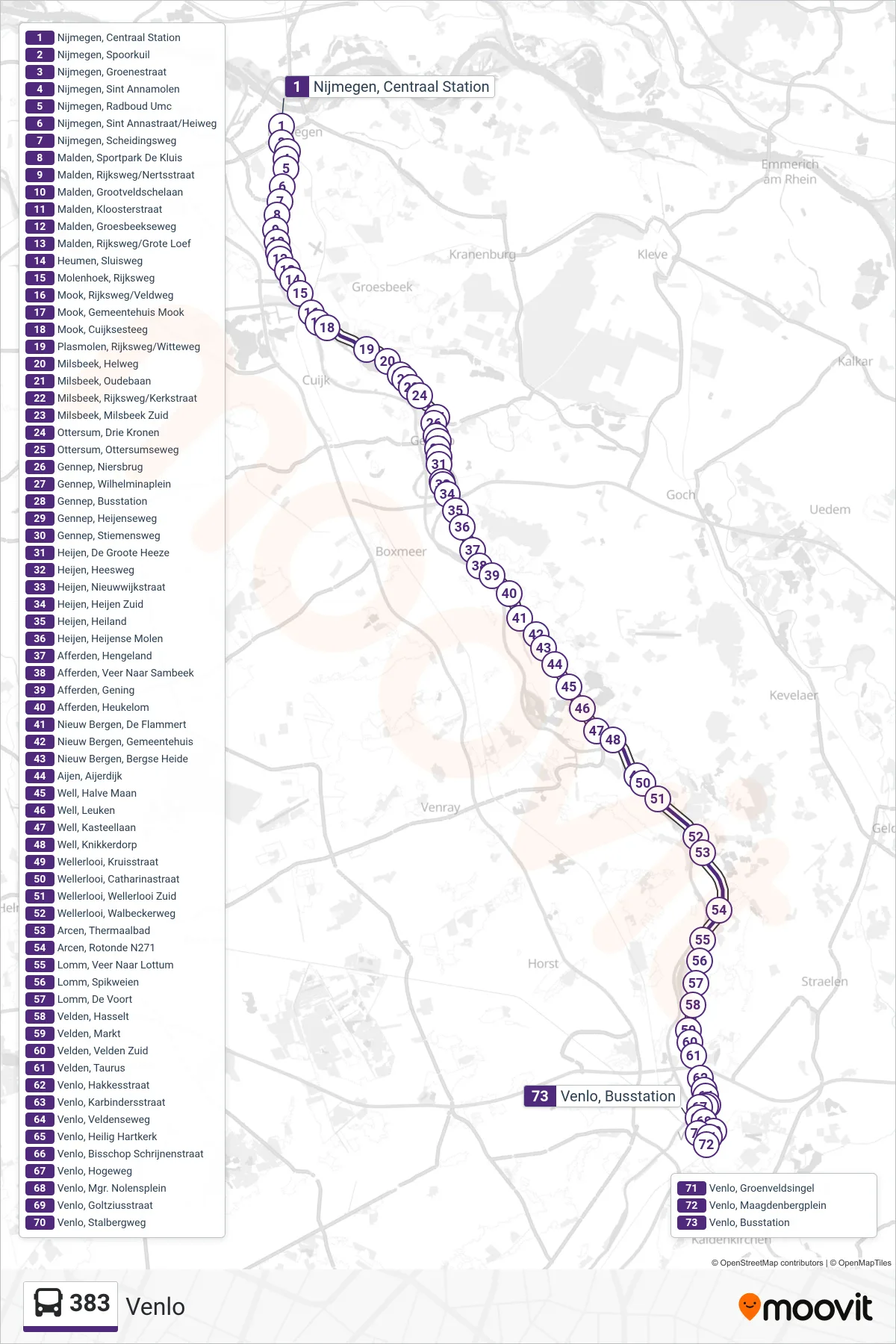 Lijn 383 (bus, Venlo): route en haltes op de kaart