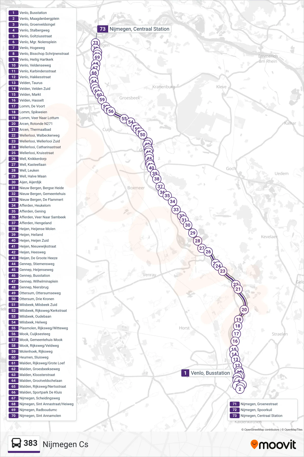 Lijn 383 (bus, Nijmegen Cs): route en haltes op de kaart