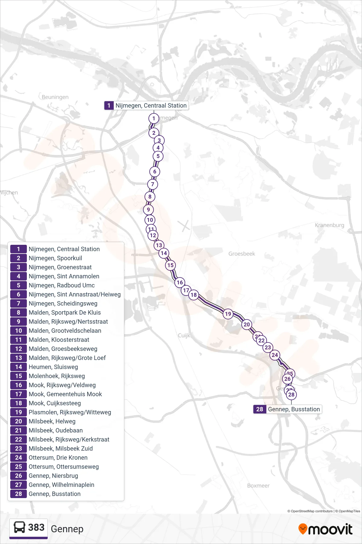 Lijn 383 (bus, Gennep): route en haltes op de kaart
