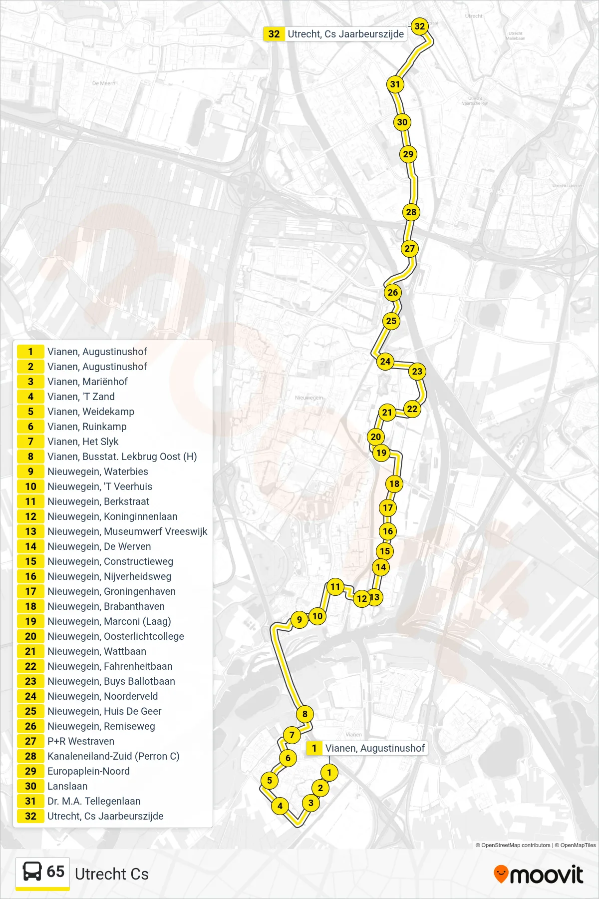 Lijn 65 (bus, Utrecht Cs): route en haltes op de kaart