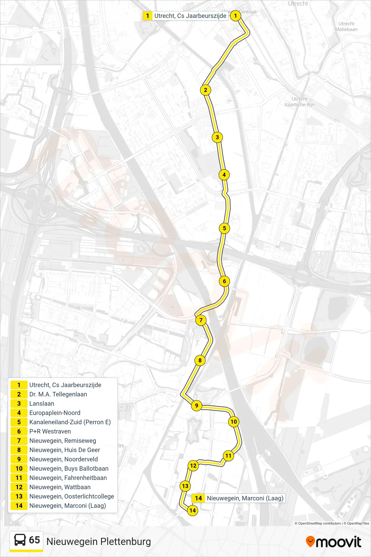 Lijn 65 (bus, Nieuwegein Plettenburg): route en haltes op de kaart