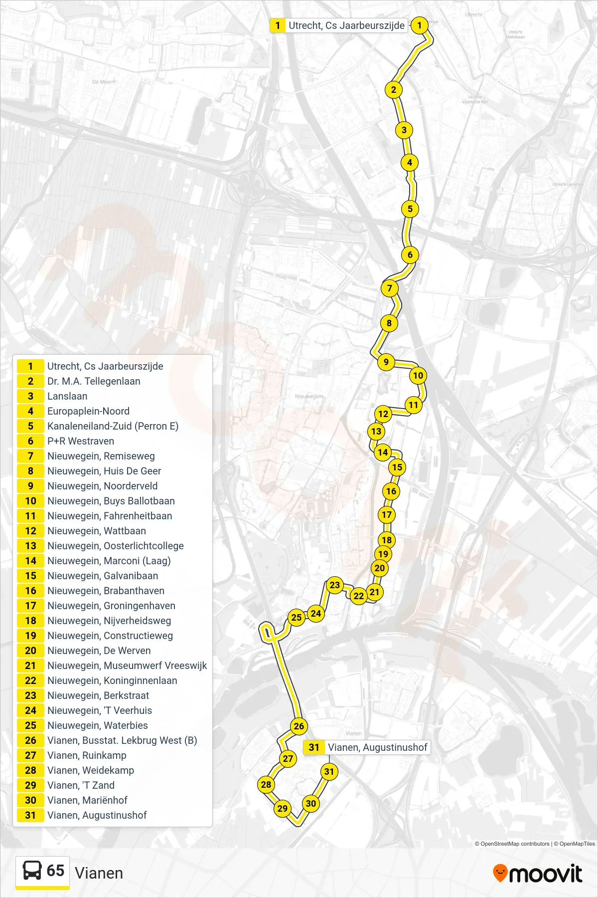 Lijn 65 (bus, Vianen): route en haltes op de kaart