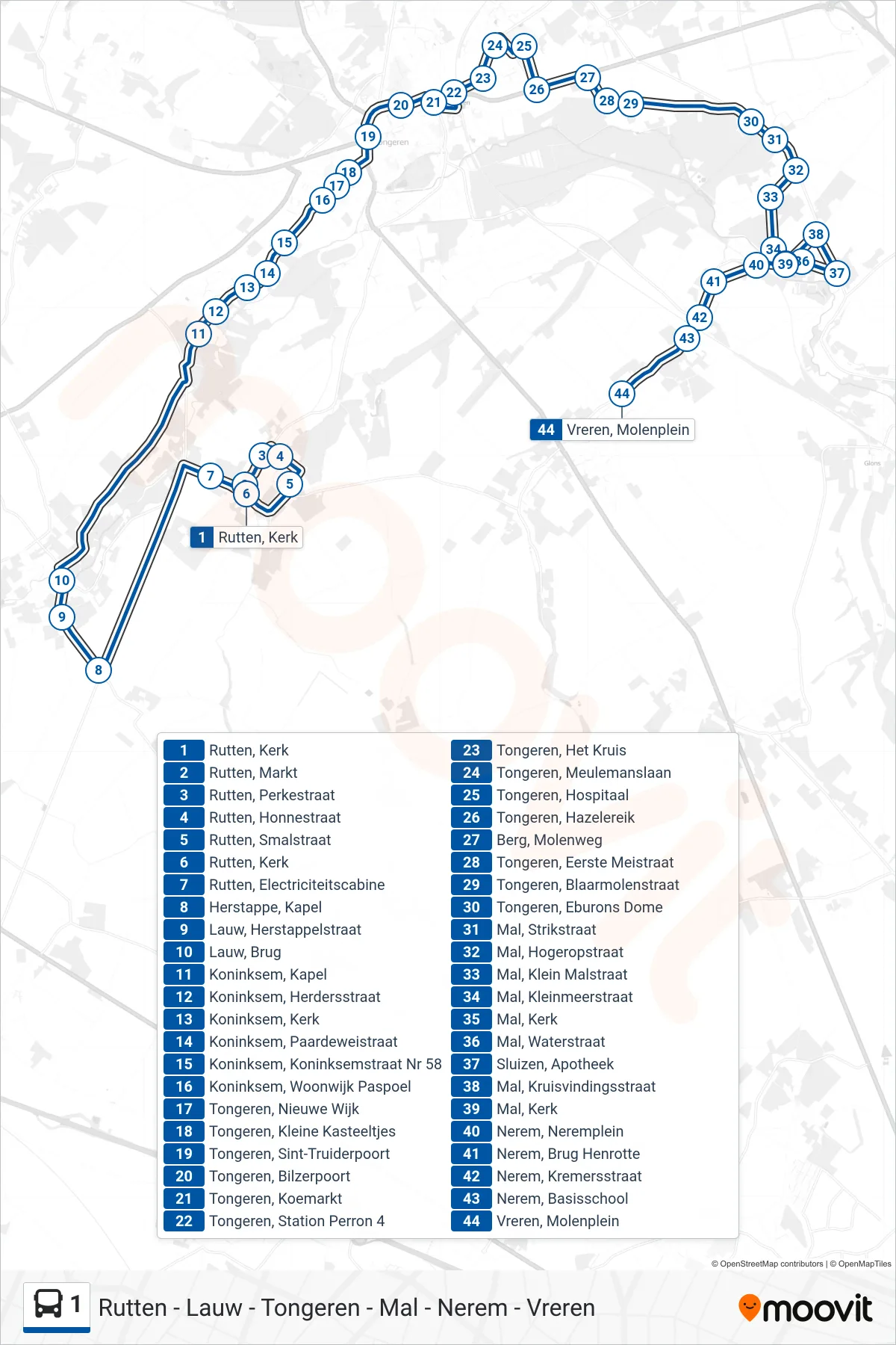 Lijn 1 (bus, Vreren Molenplein): route en haltes op de kaart