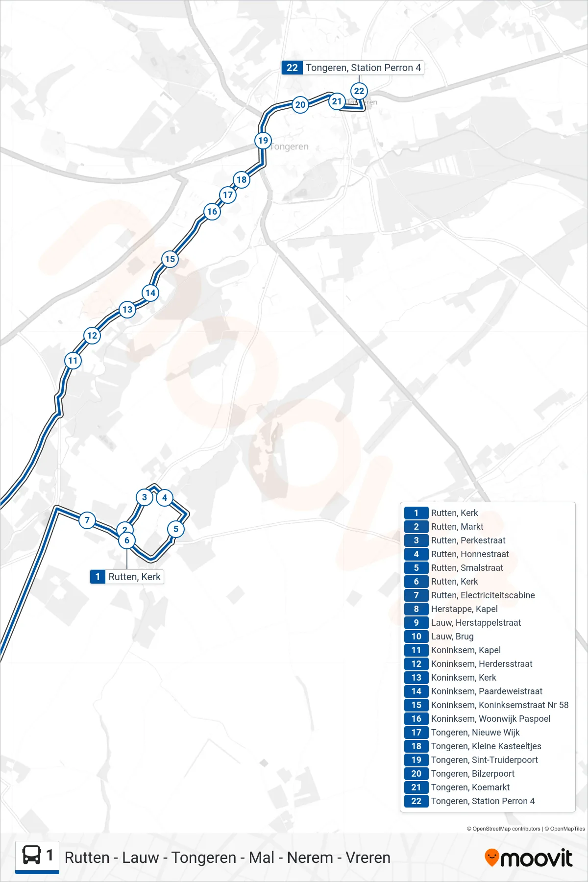 Lijn 1 (bus, Tongeren Station Perron 4): route en haltes op de kaart