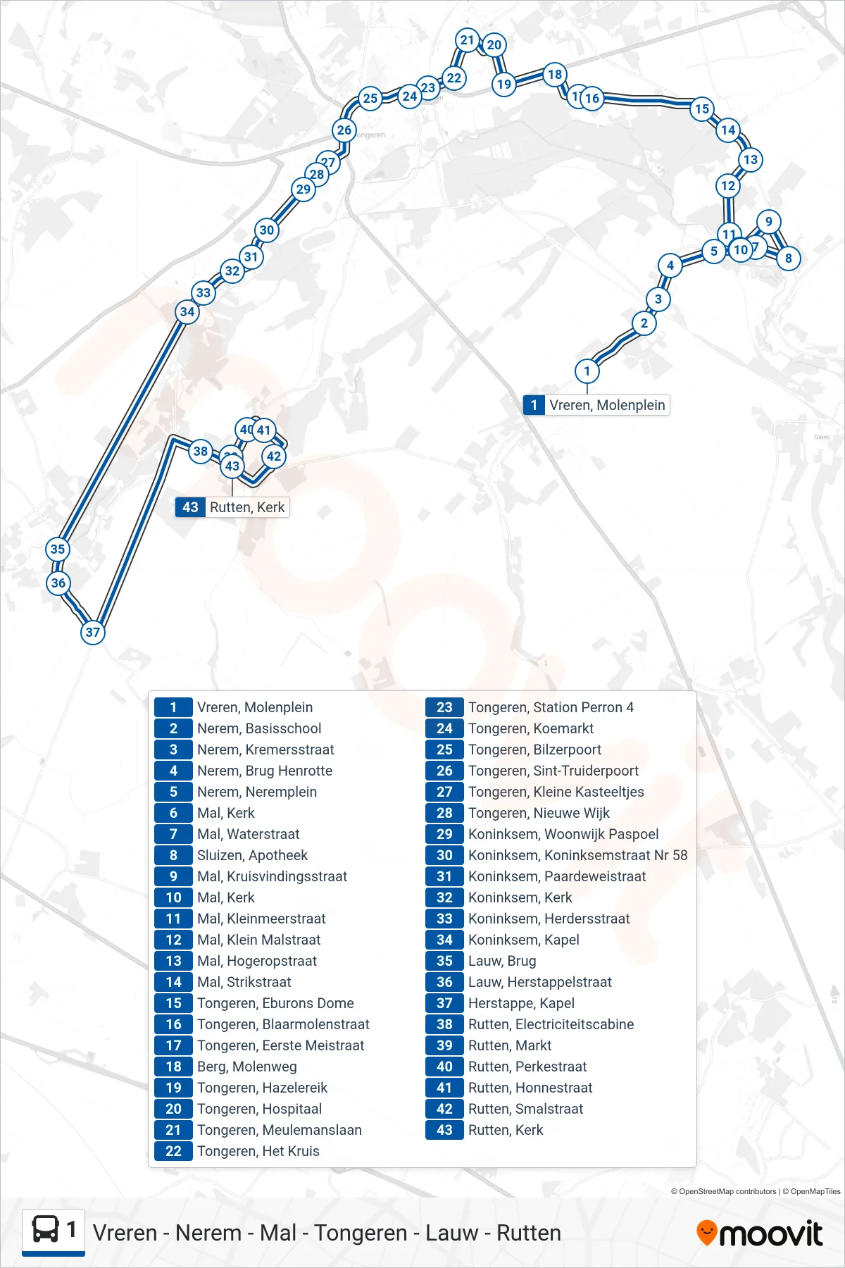Lijn 1 (bus, Rutten Kerk): route en haltes op de kaart