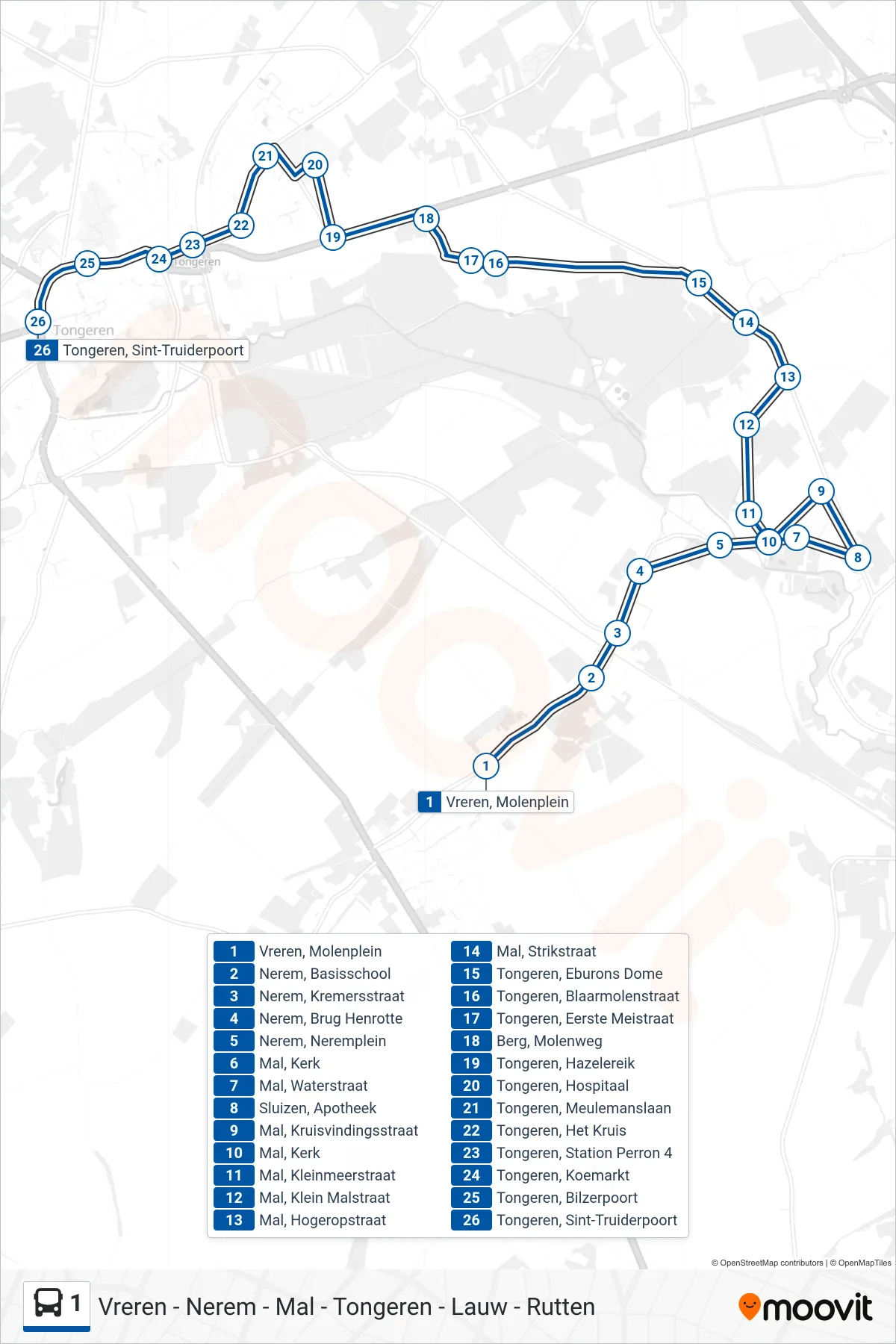 1 bus Line (Tongeren Sint-Truiderpoort) route and stops on a map