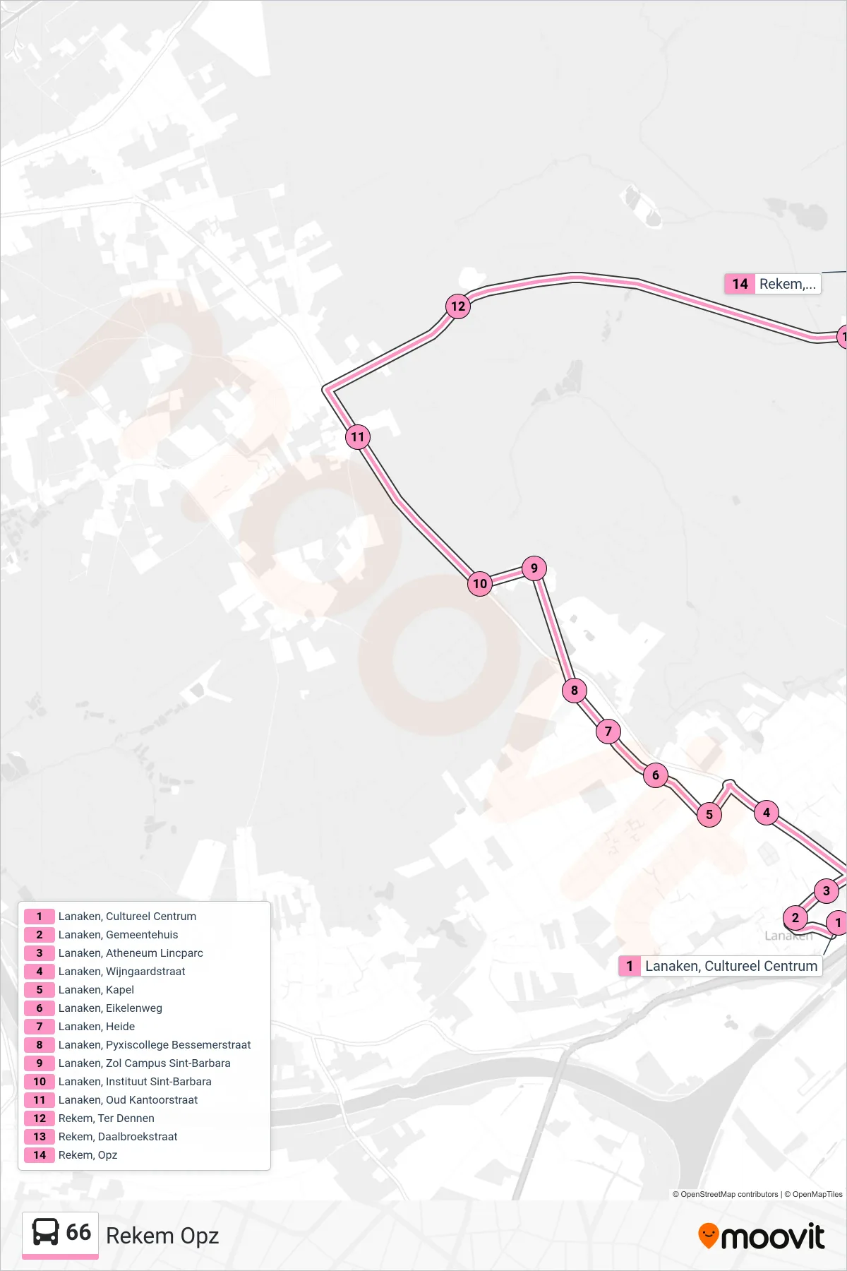 Lijn 66 (bus, Rekem Opz): route en haltes op de kaart