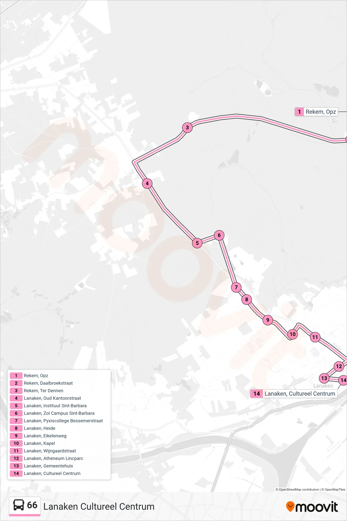 Lijn 66 (bus, Lanaken Cultureel Centrum): route en haltes op de kaart