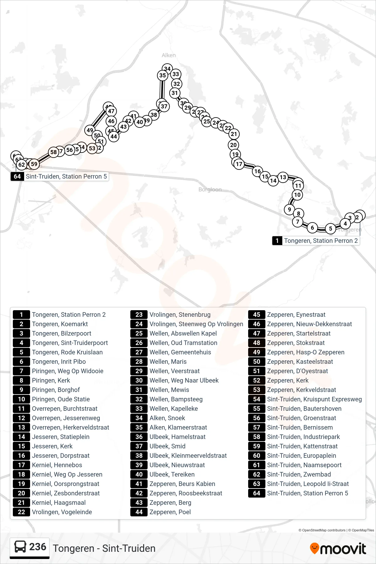Lijn 236 (bus, Sint-Truiden Station Perron 5): route en haltes op de kaart