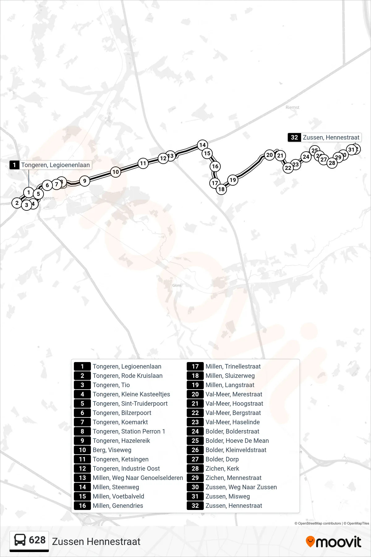Lijn 628 (bus, Zussen Hennestraat): route en haltes op de kaart