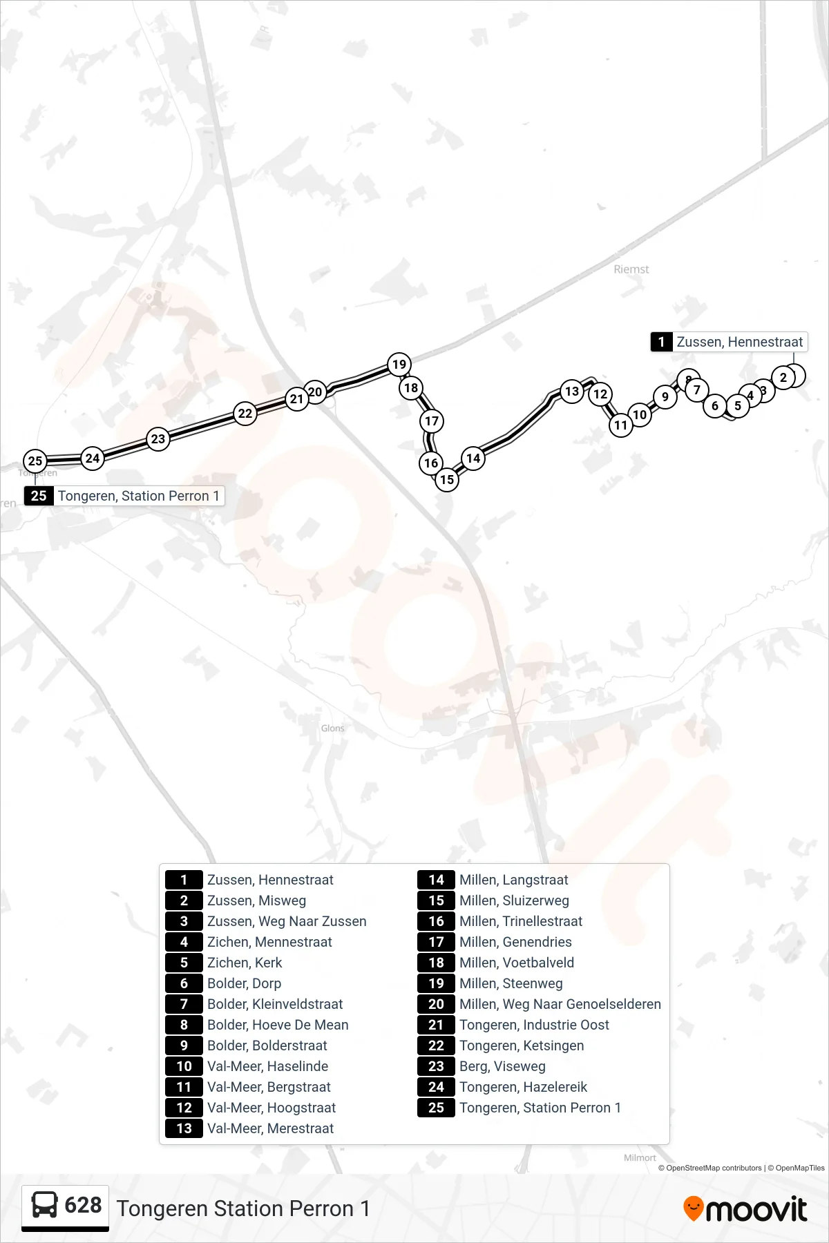 Lijn 628 (bus, Tongeren Station Perron 1): route en haltes op de kaart