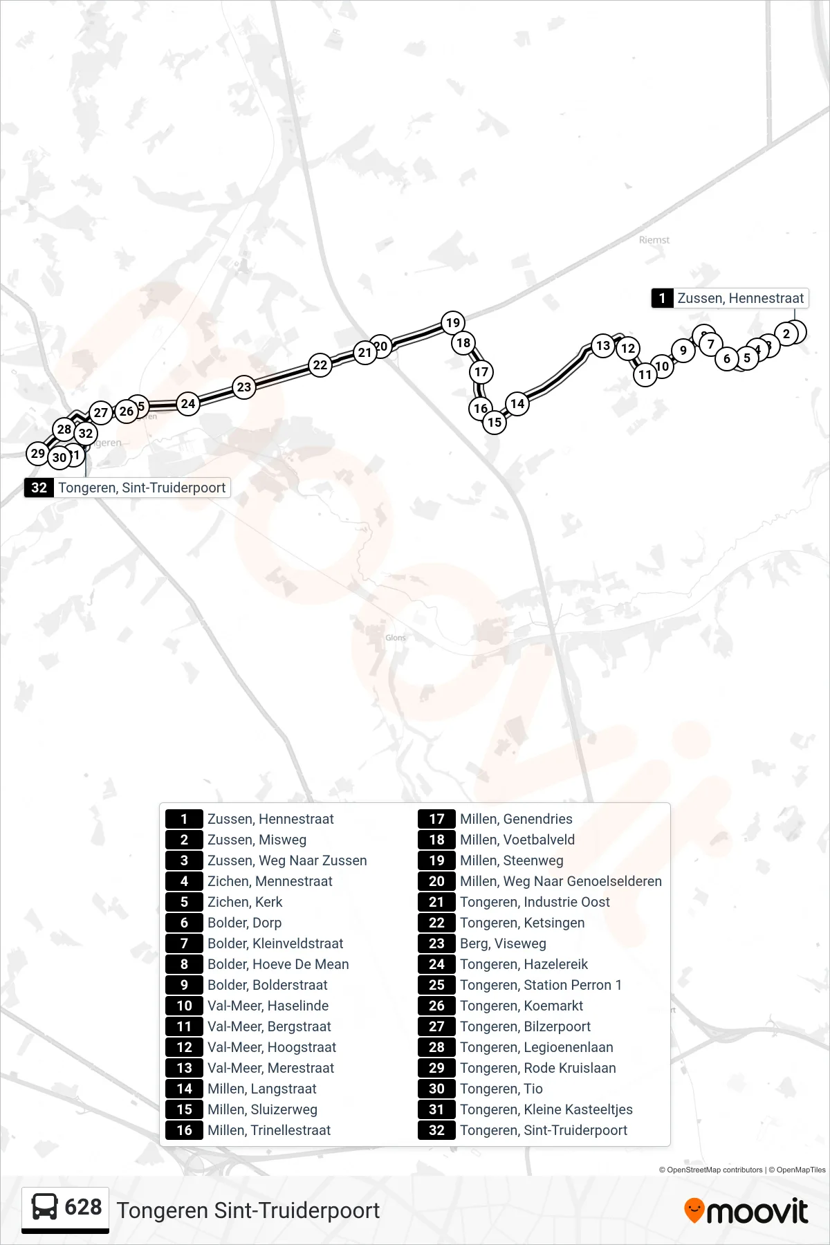Lijn 628 (bus, Tongeren Sint-Truiderpoort): route en haltes op de kaart