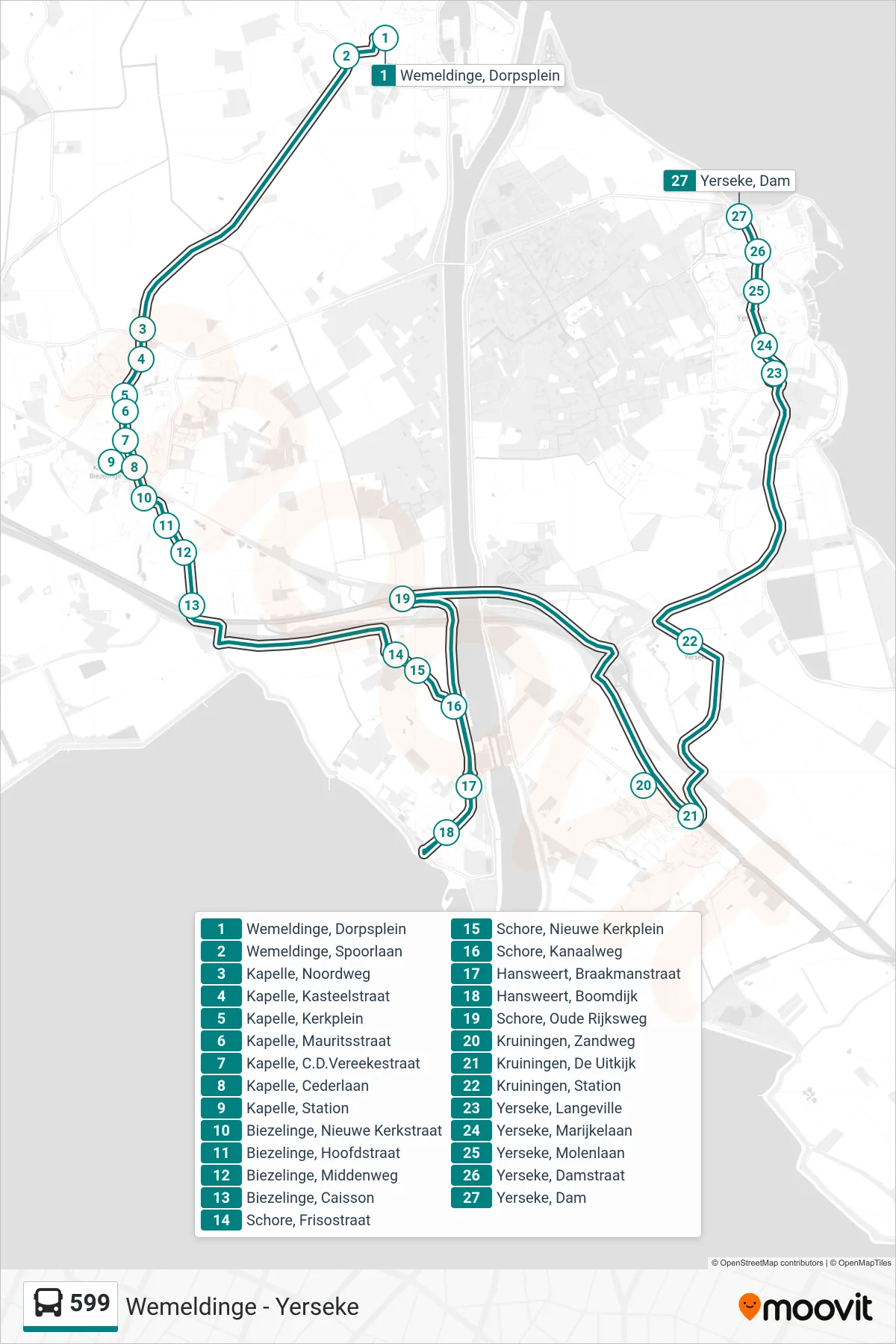 Lijn 599 (bus, Yerseke Dam): route en haltes op de kaart