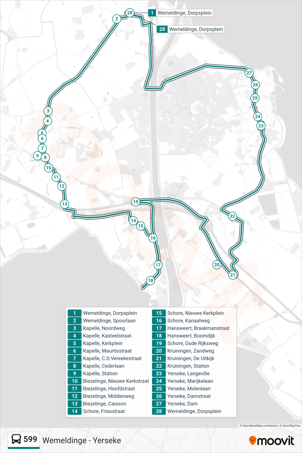 Lijn 599 (bus, Wemeldinge Dorpsplein): route en haltes op de kaart
