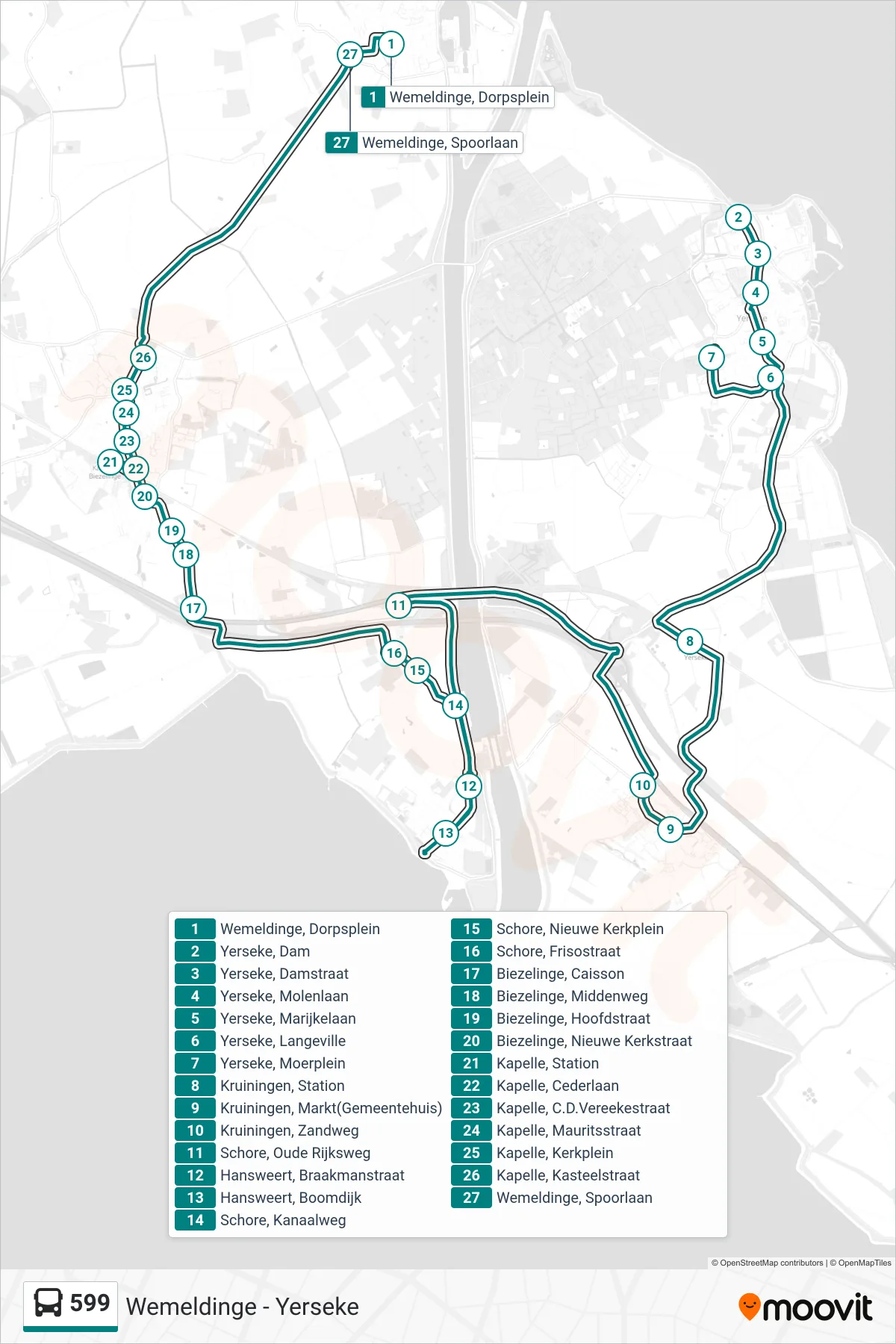 Lijn 599 (bus, Wemeldinge Dorpsplein): route en haltes op de kaart