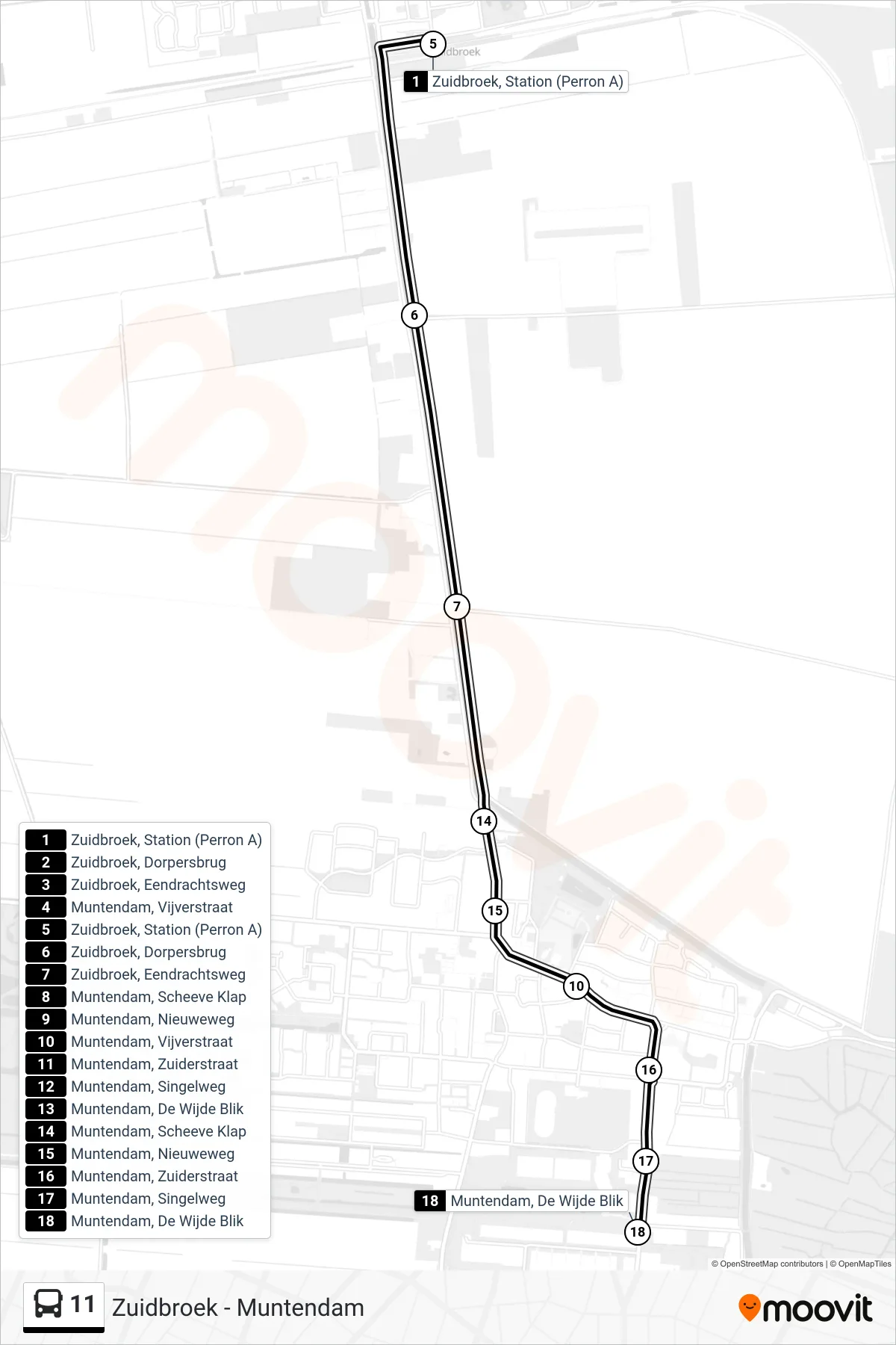 Lijn 11 (bus, Muntendam): route en haltes op de kaart