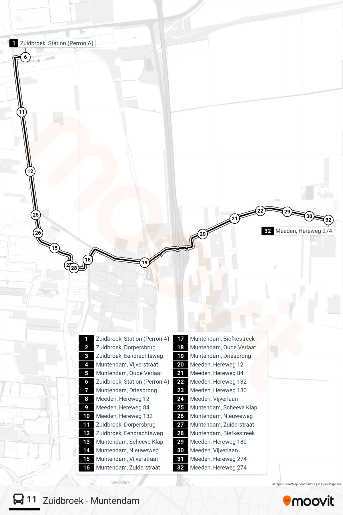 Lijn 11 (bus, Veendam): route en haltes op de kaart