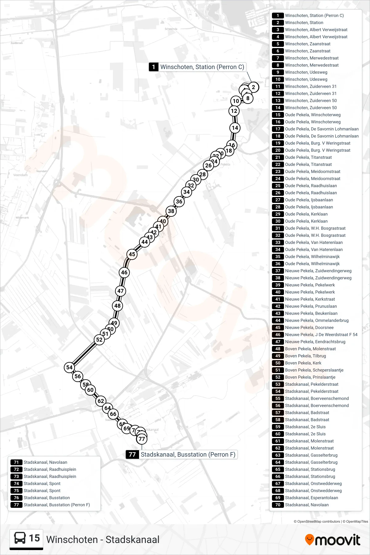 Lijn 15 (bus, Stadskanaal): route en haltes op de kaart