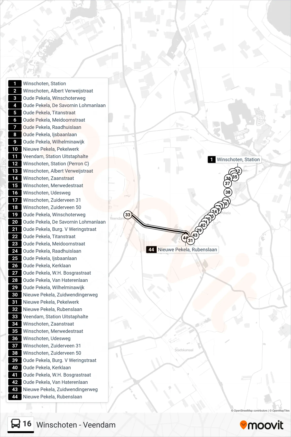 Lijn 16 (bus, Veendam): route en haltes op de kaart