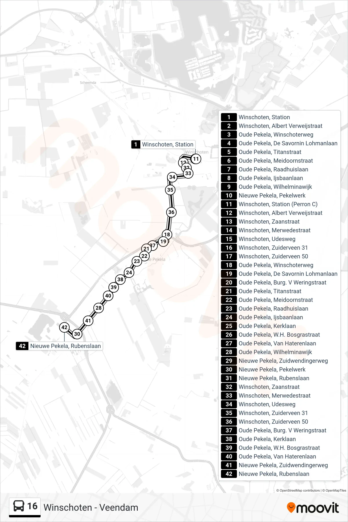 Lijn 16 (bus, Nieuwe Pekela): route en haltes op de kaart