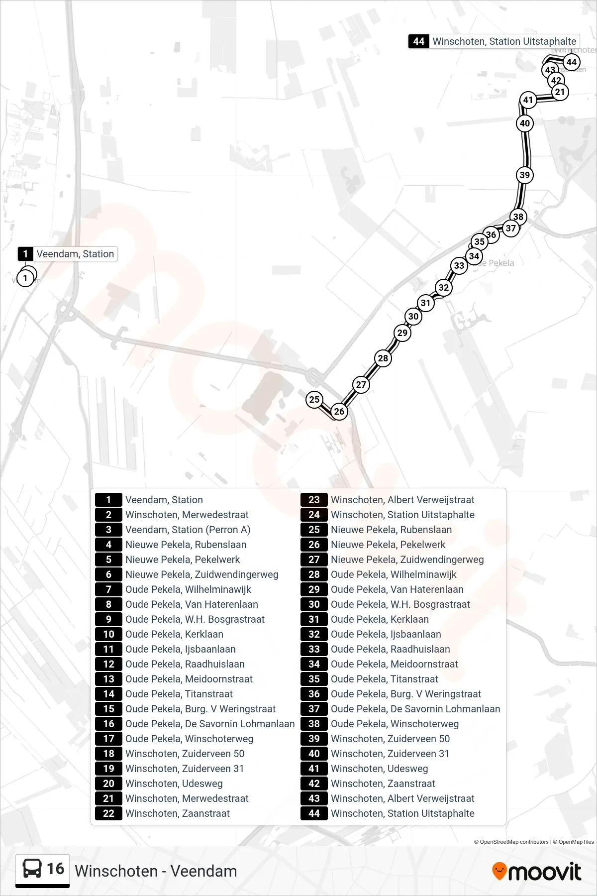 Lijn 16 (bus, Winschoten): route en haltes op de kaart