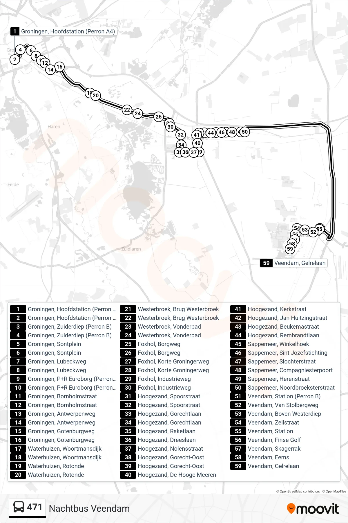 471 bus Line (Veendam) route and stops on a map