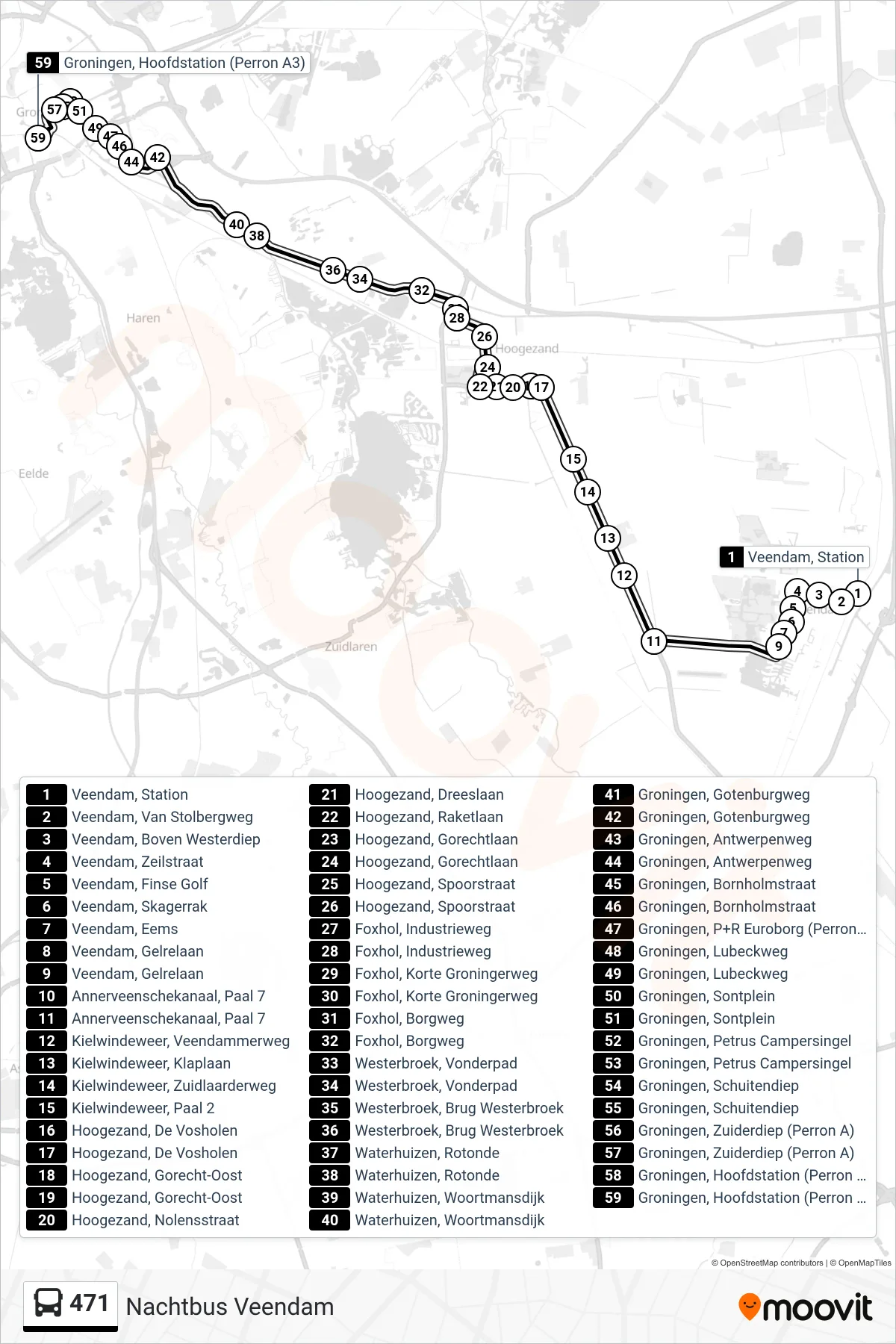 Lijn 471 (bus, Groningen): route en haltes op de kaart