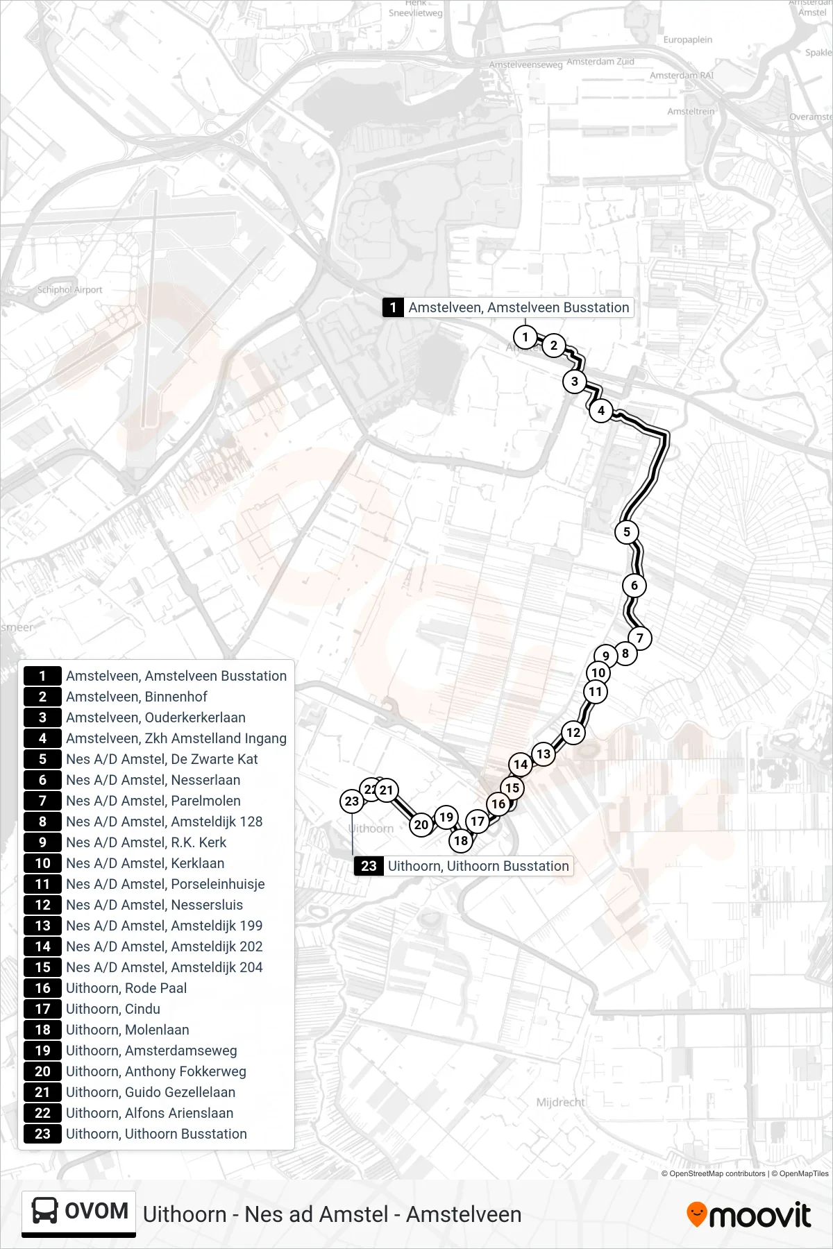 OVOM bus Line (Uithoorn Busst.) route and stops on a map