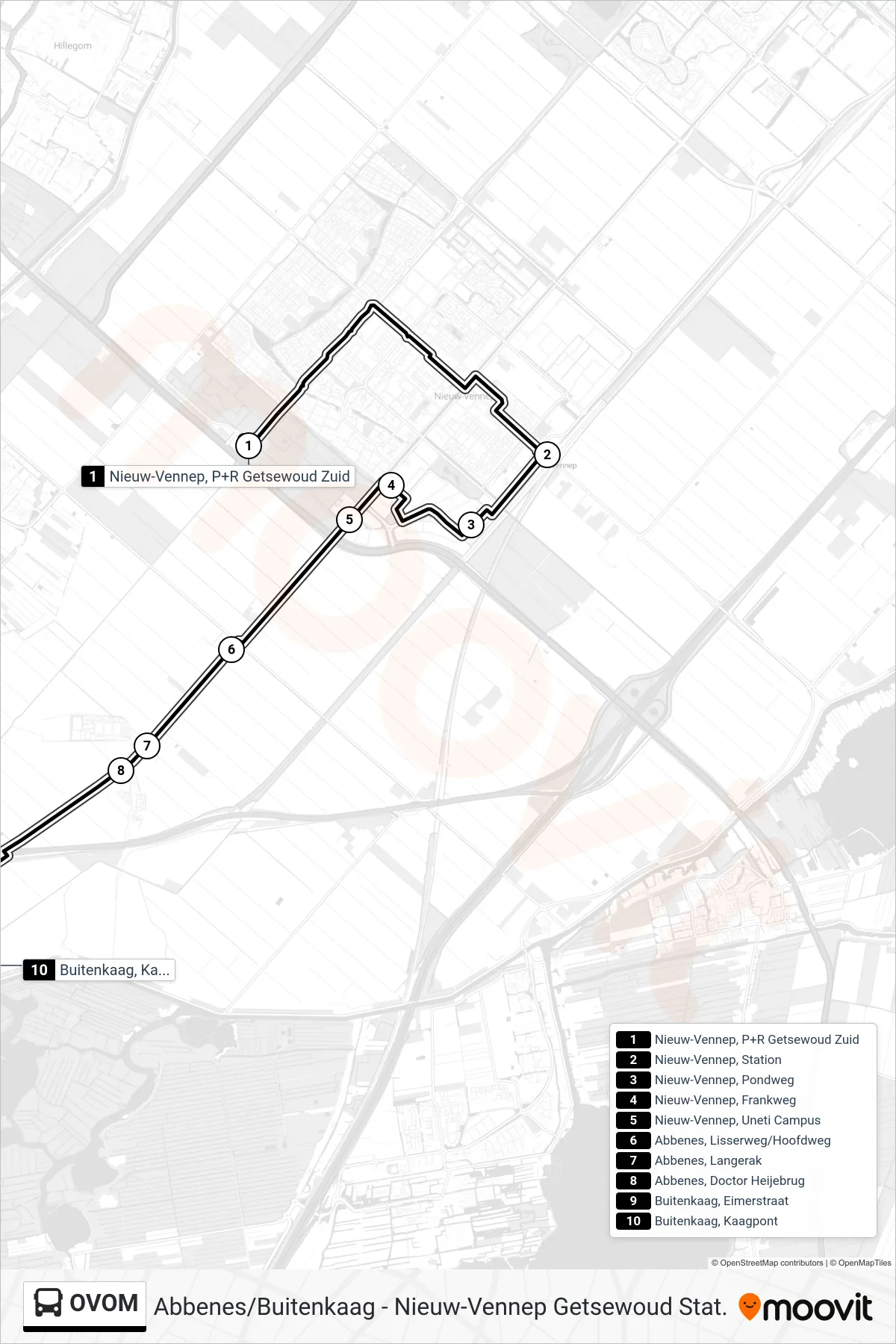 Lijn OVOM (bus, Buitenkaag Kaagpont): route en haltes op de kaart
