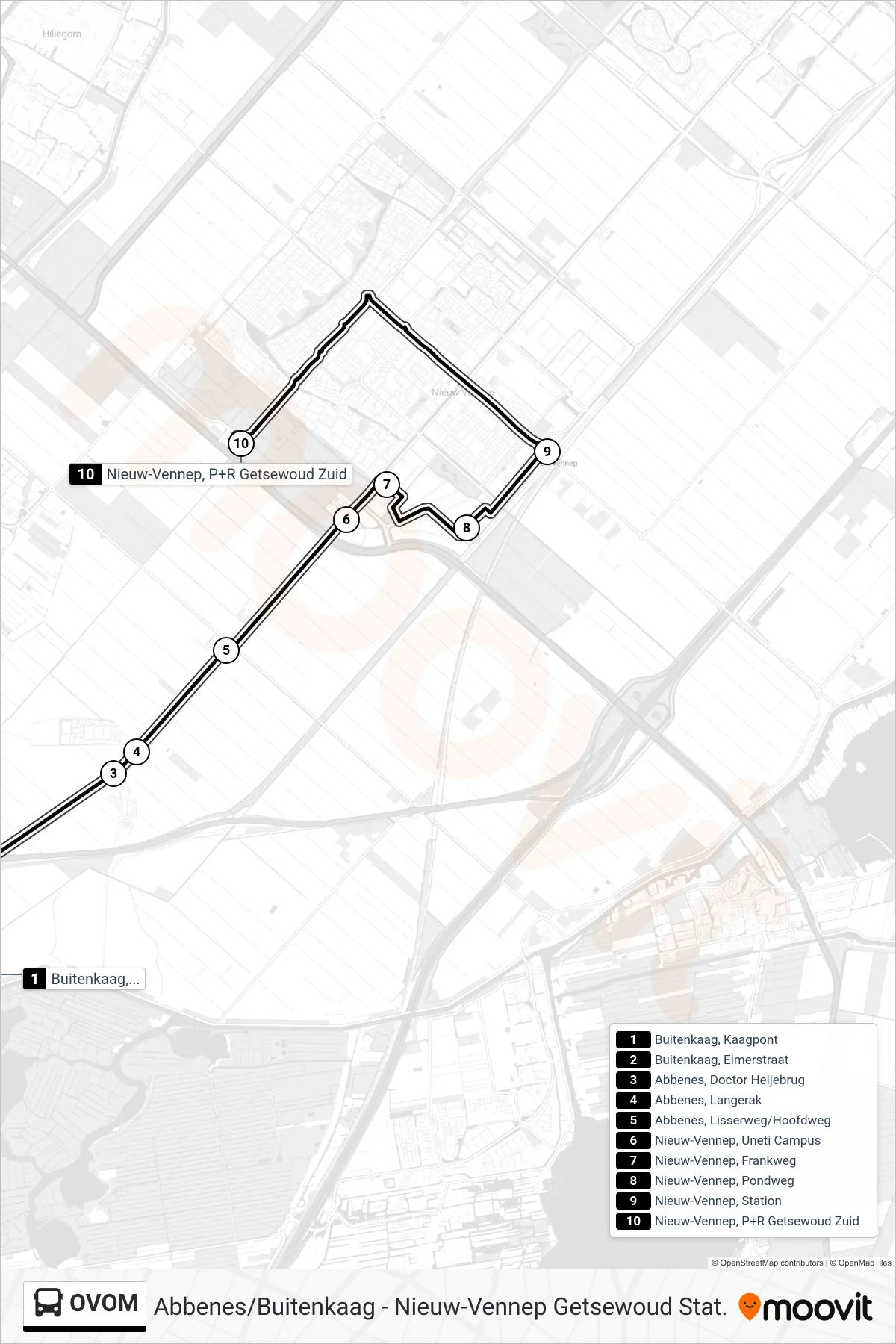Lijn OVOM (bus, Nieuw-Vennep P+R Getsewoud Zuid): route en haltes op de kaart