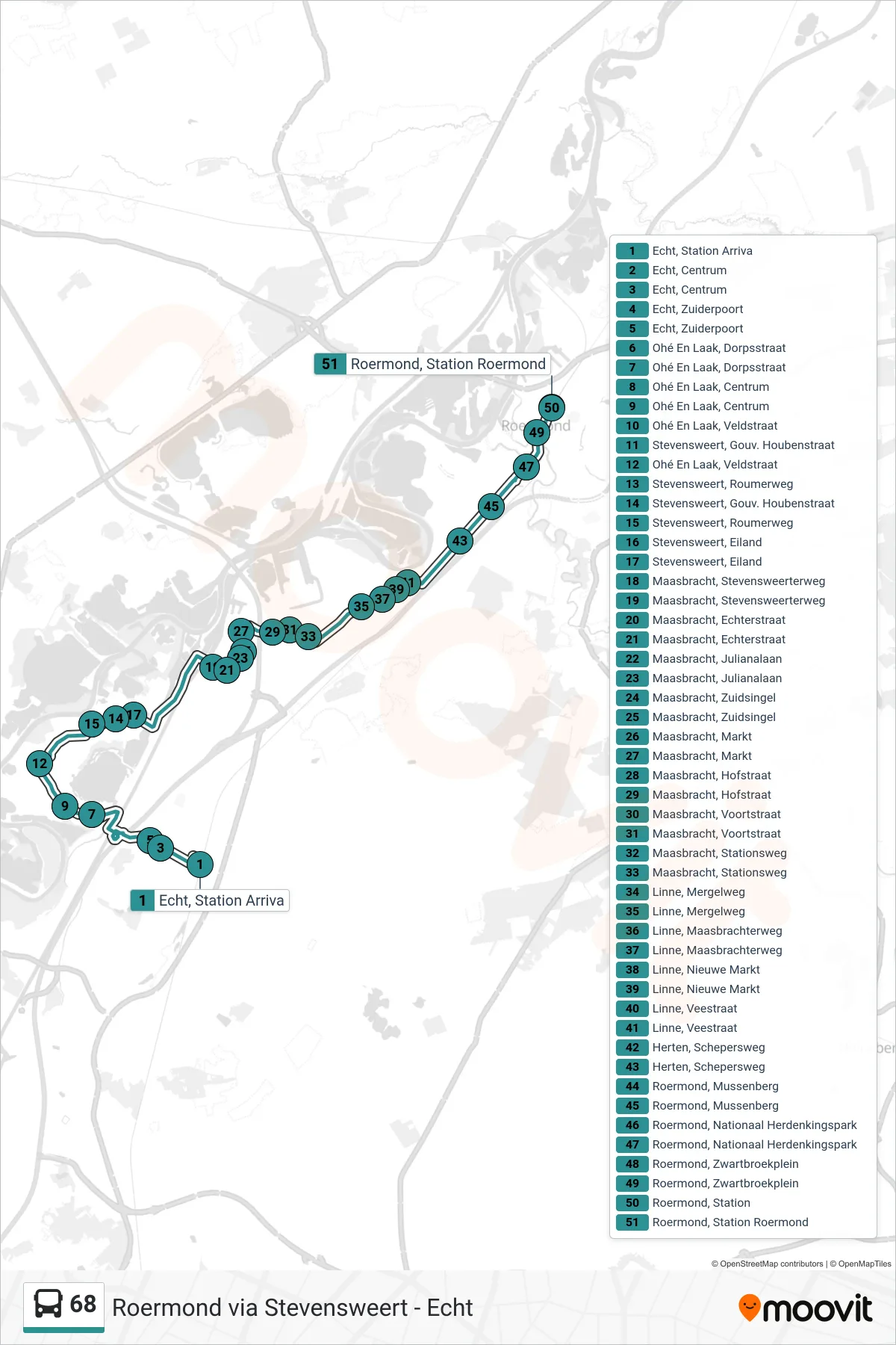 Lijn 68 (bus, Roermond): route en haltes op de kaart