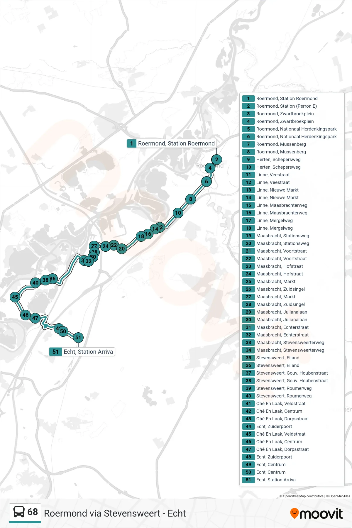 68 bus Line (Echt) route and stops on a map
