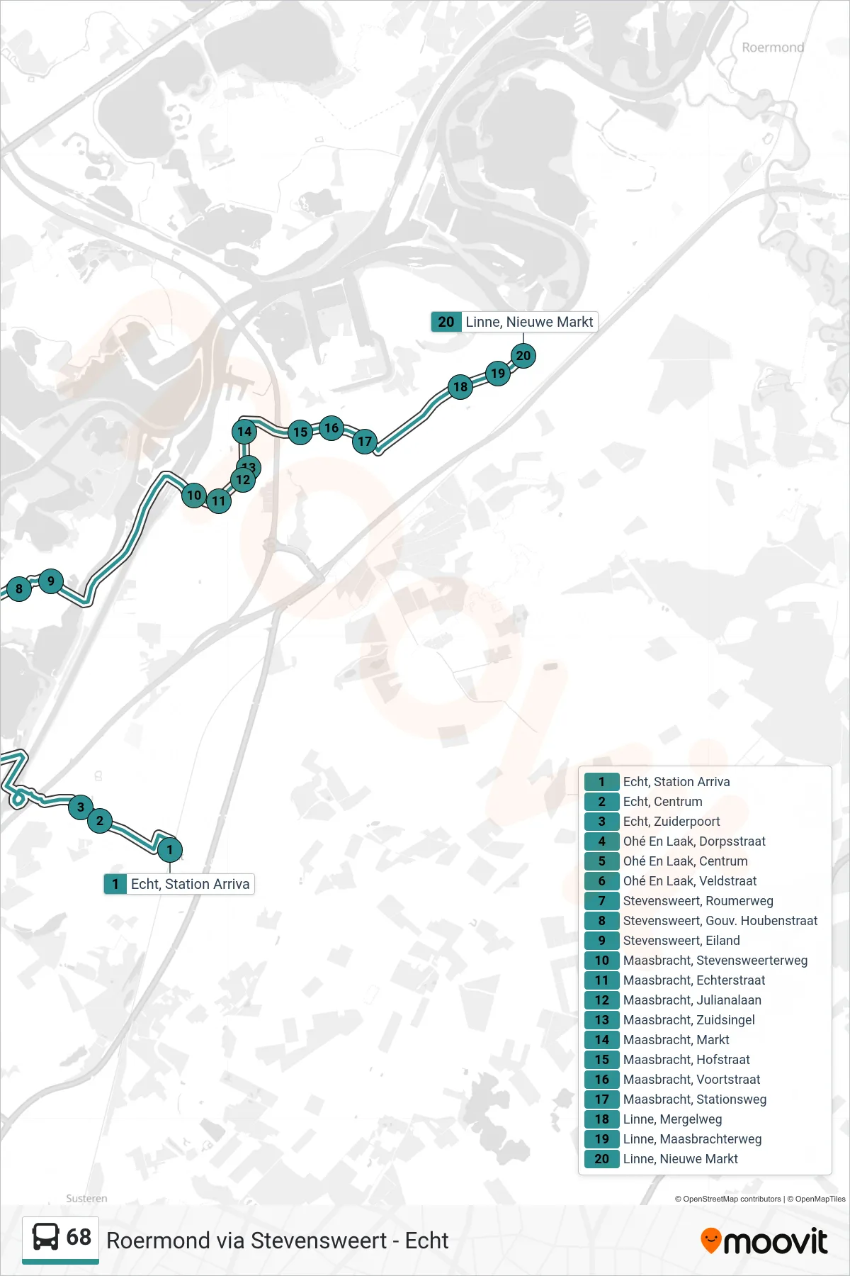 68 bus Line (Linne) route and stops on a map