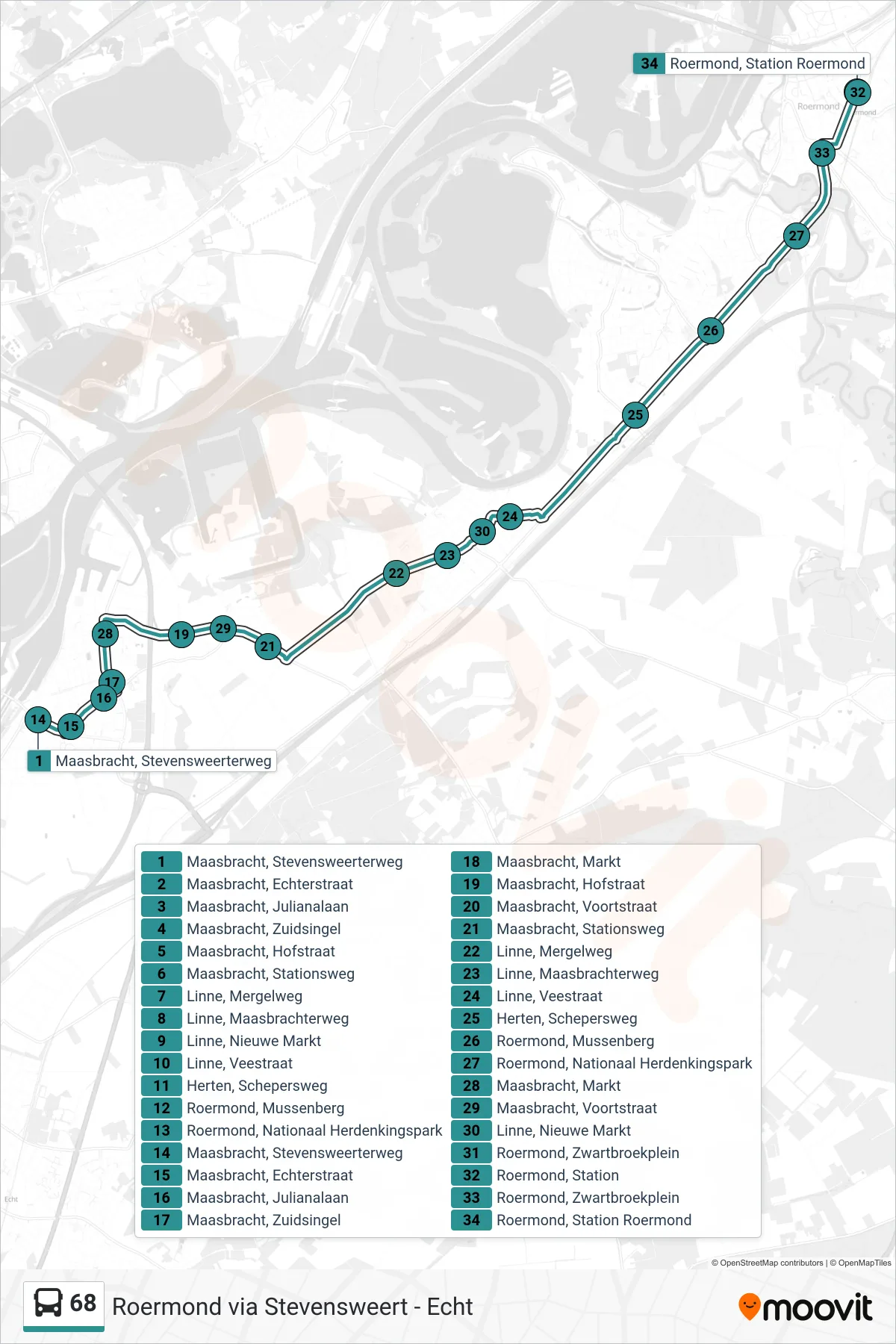 68 bus Line (Roermond Station) route and stops on a map