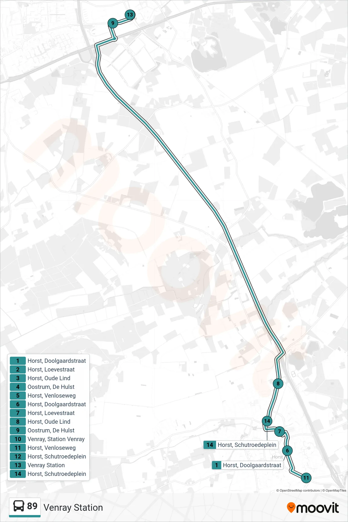 Lijn 89 (bus, Venray Station): route en haltes op de kaart