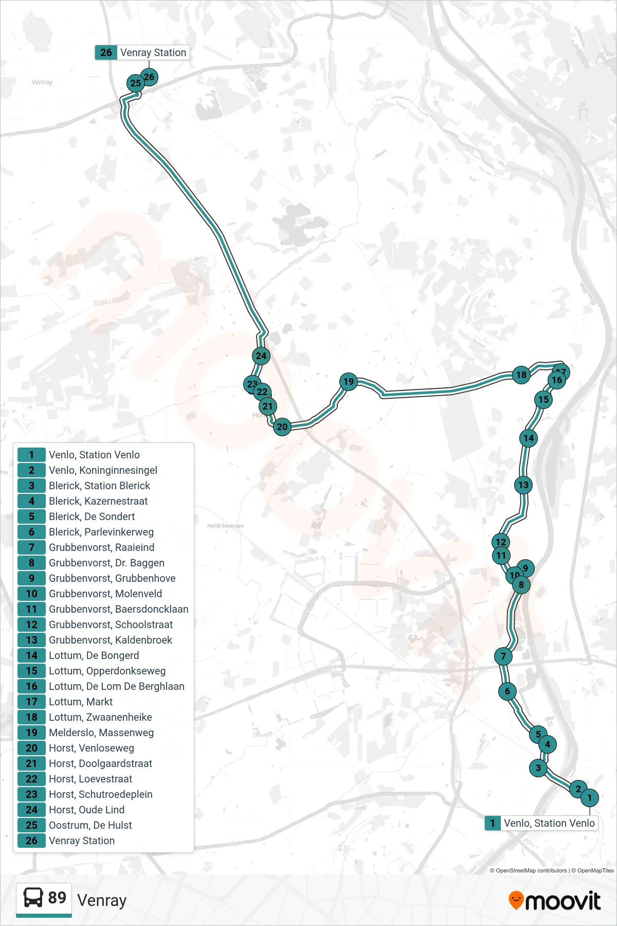 Lijn 89 (bus, Venray): route en haltes op de kaart