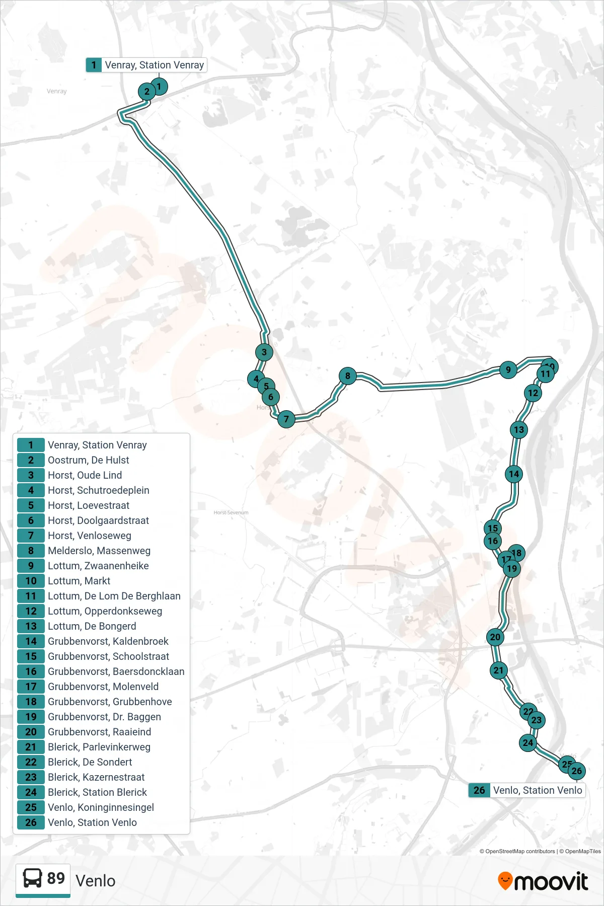 Lijn 89 (bus, Venlo): route en haltes op de kaart