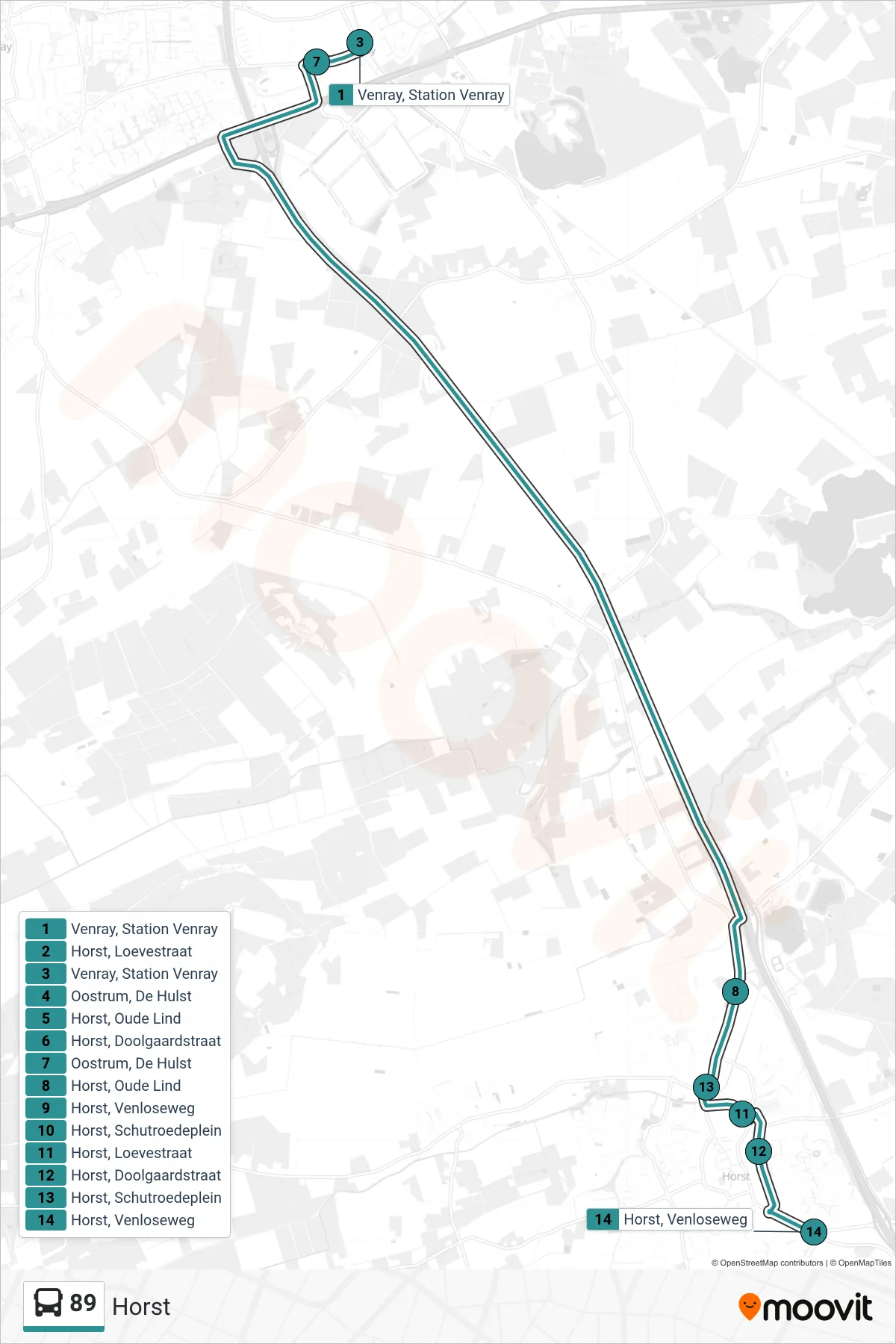 Lijn 89 (bus, Horst): route en haltes op de kaart
