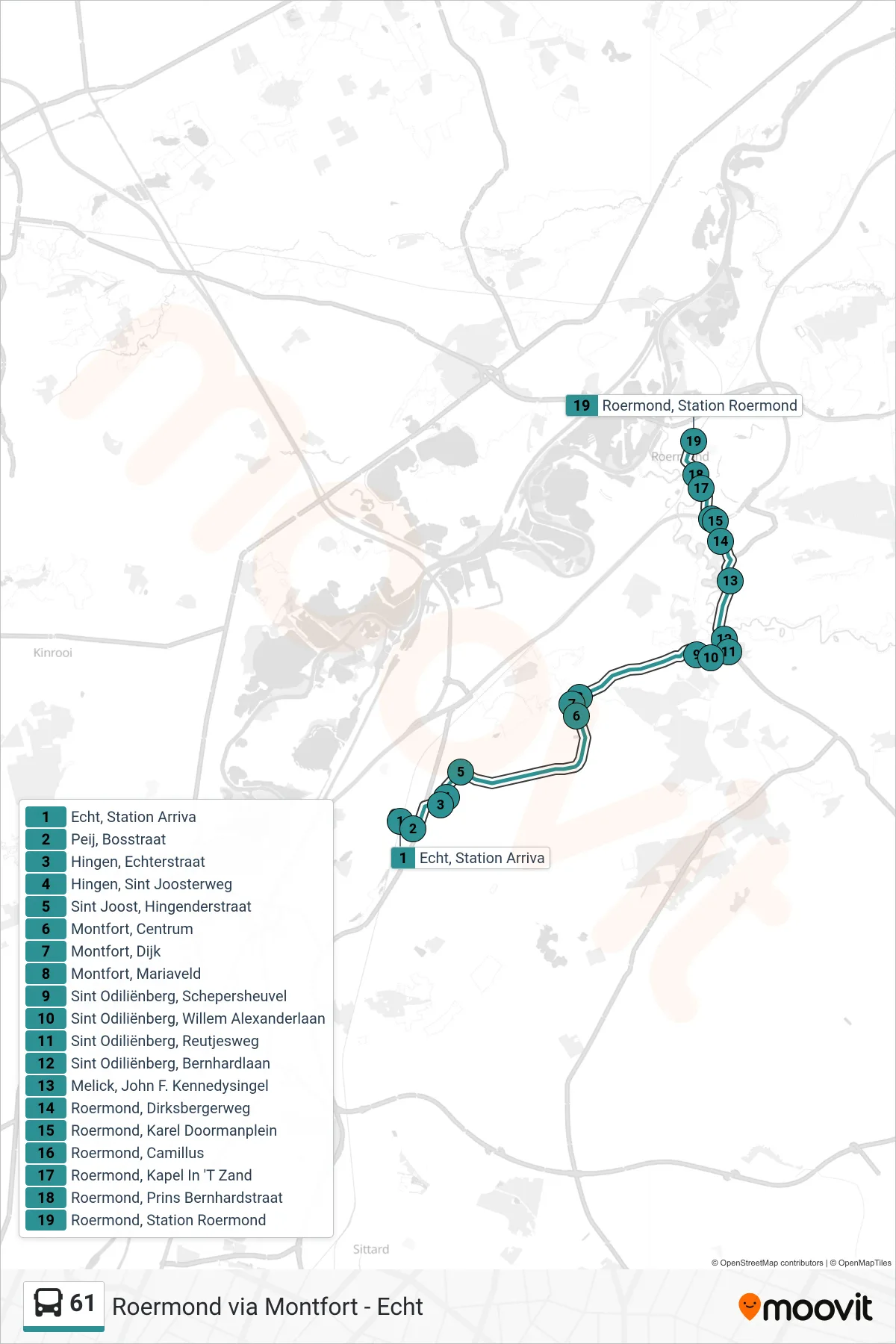 61 bus Line (Roermond) route and stops on a map