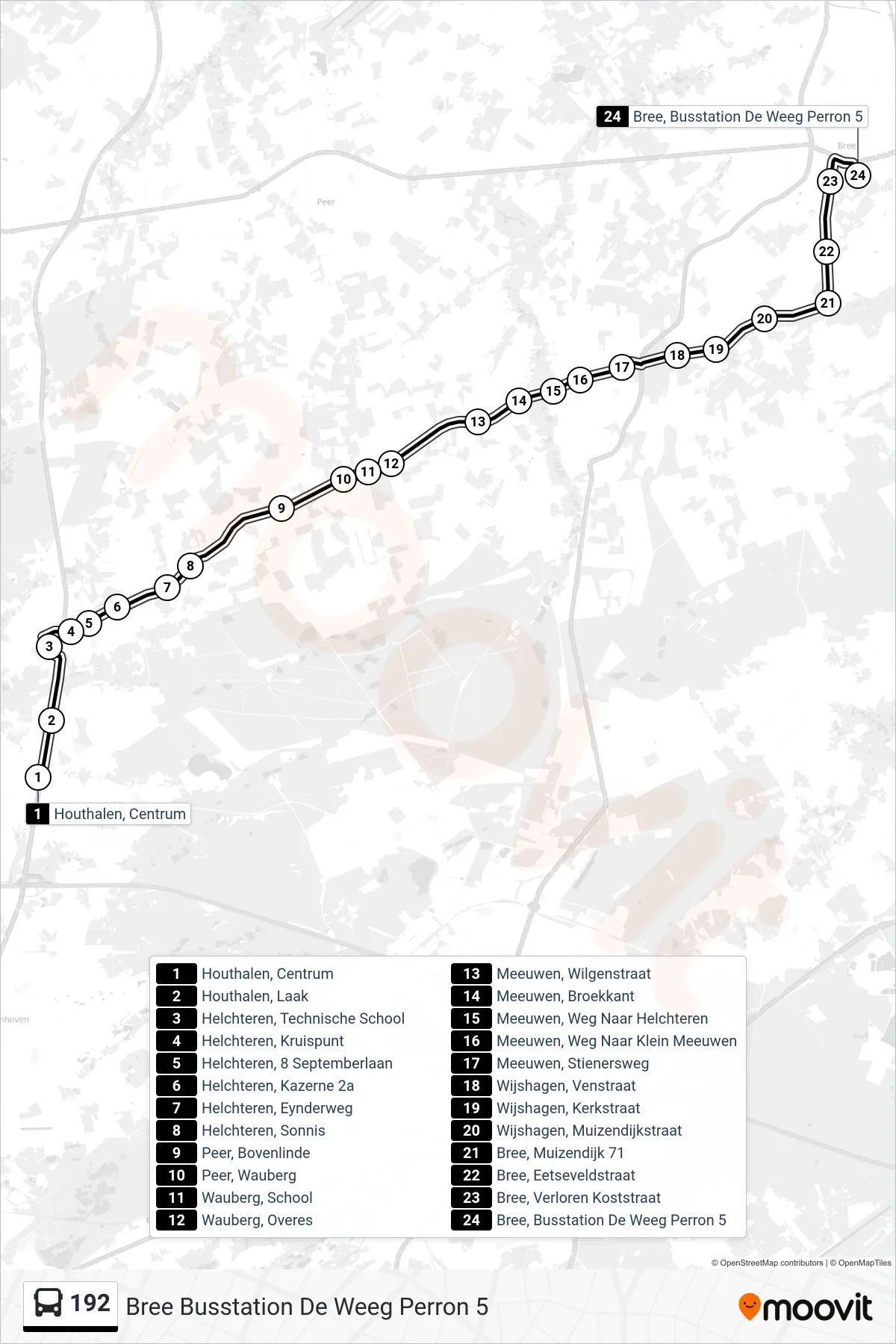 Lijn 192 (bus, Bree Busstation De Weeg Perron 5): route en haltes op de kaart