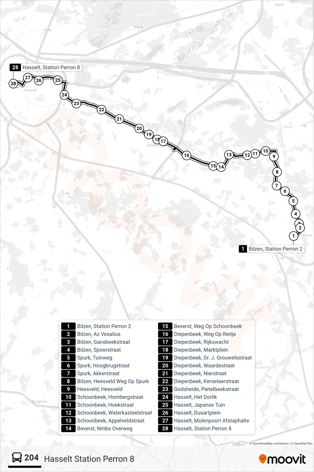 Lijn 204 (bus, Hasselt Station Perron 8): route en haltes op de kaart