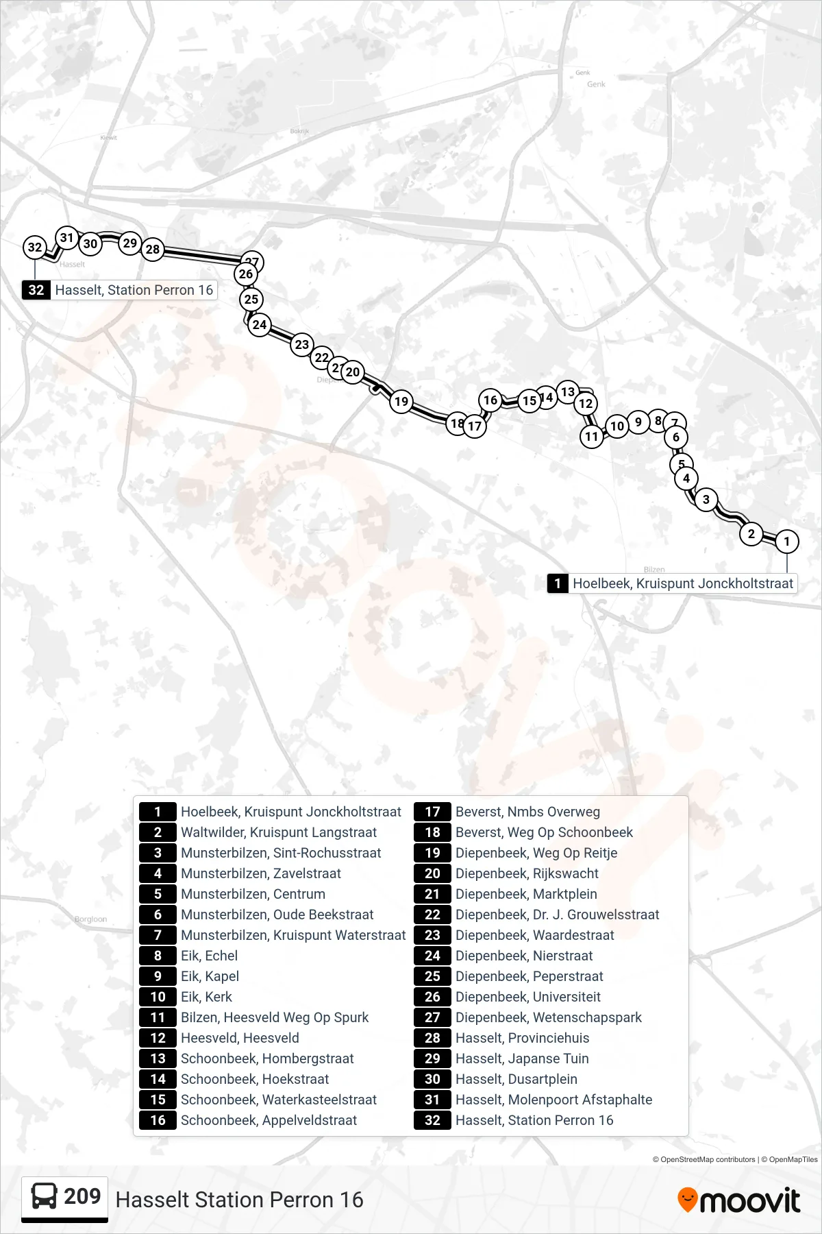 Lijn 209 (bus, Hasselt Station Perron 16): route en haltes op de kaart