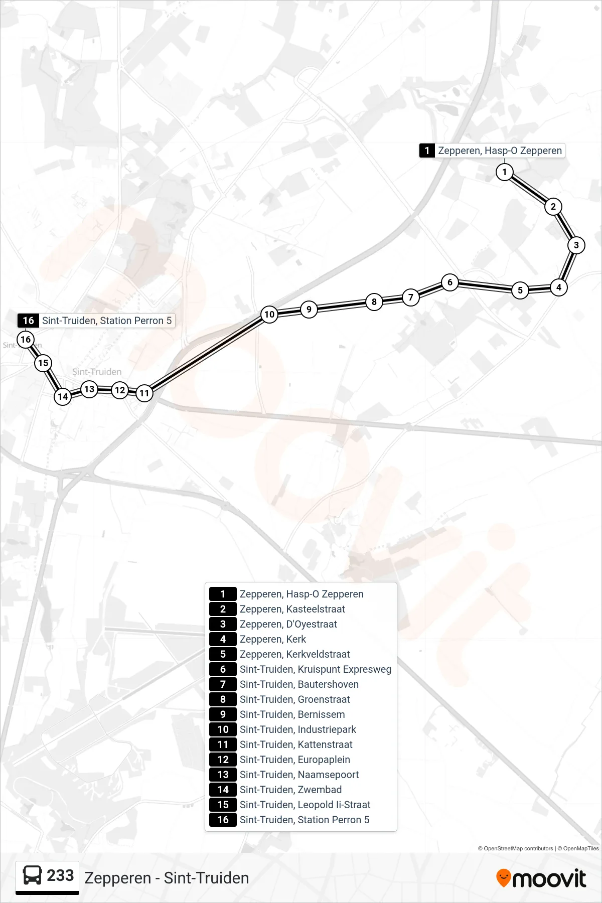 Lijn 233 (bus, Sint-Truiden Station Perron 5): route en haltes op de kaart