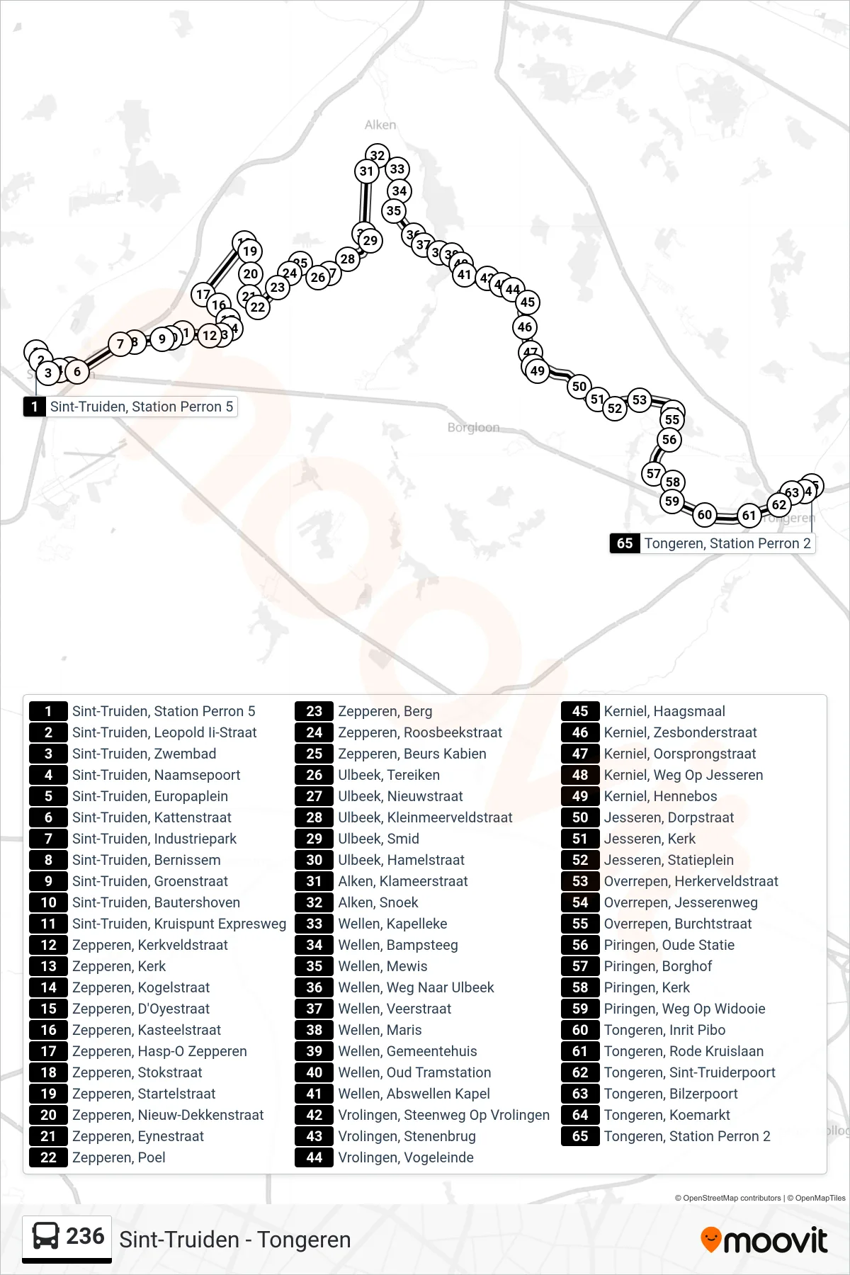 Lijn 236 (bus, Tongeren Station Perron 2): route en haltes op de kaart